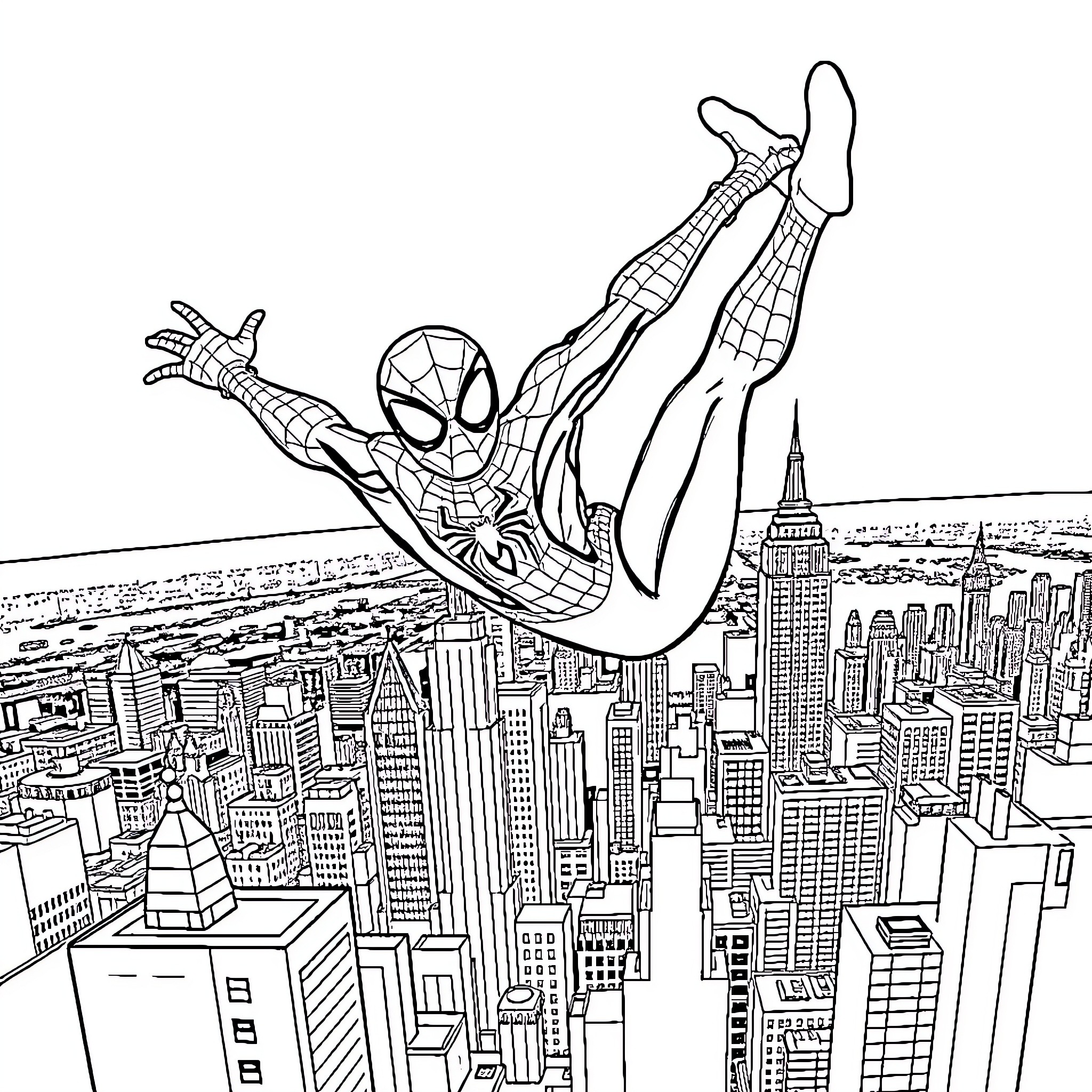 Spider-Man swinging above the city skyline Coloring Page (free black-and-white line drawing printable PDF for all, from beginners to advanced learners, including children, teens, adults, and seniors)