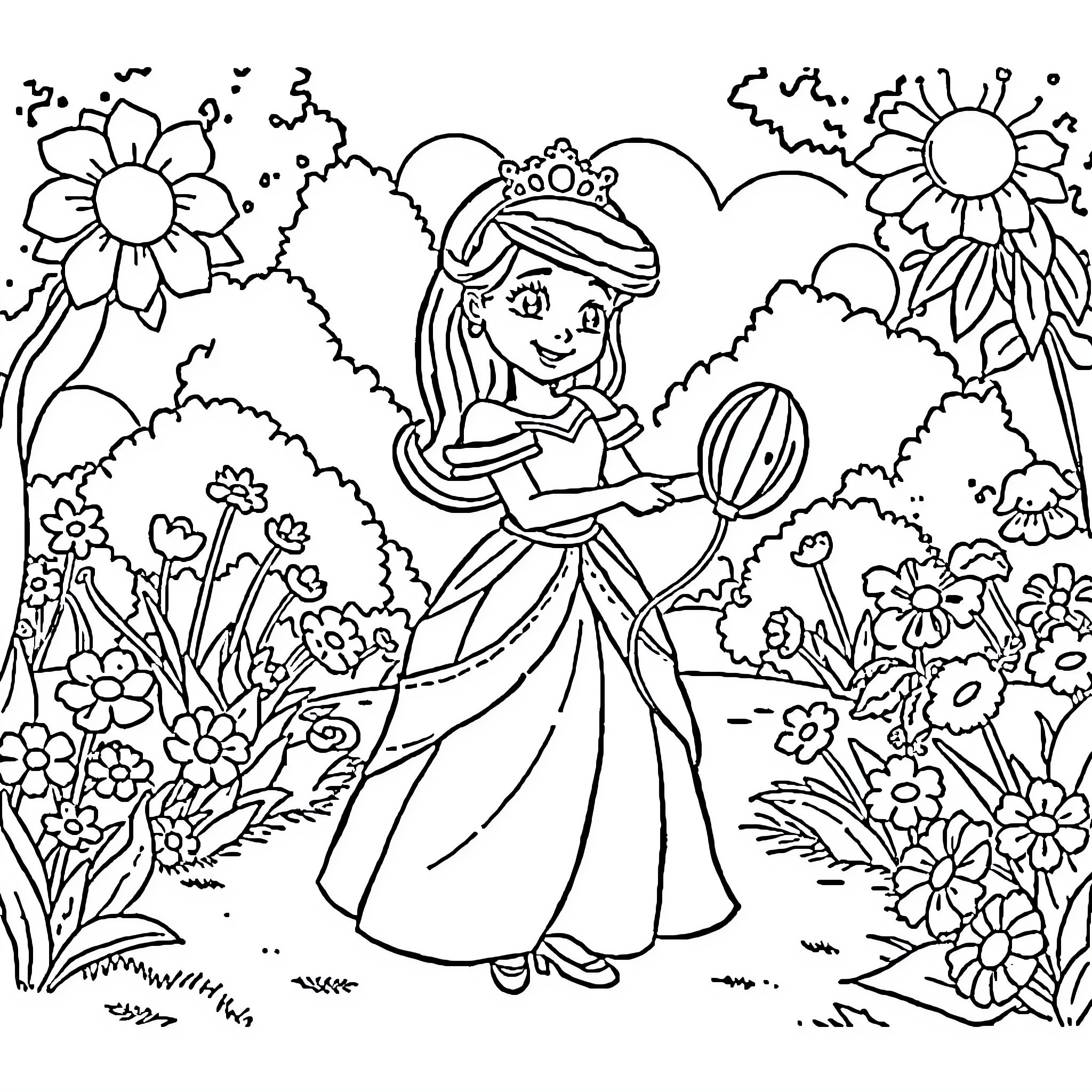 Princess in a Floral Garden Coloring Page (free black-and-white line drawing printable PDF for all, from beginners to advanced learners, including children, teens, adults, and seniors)