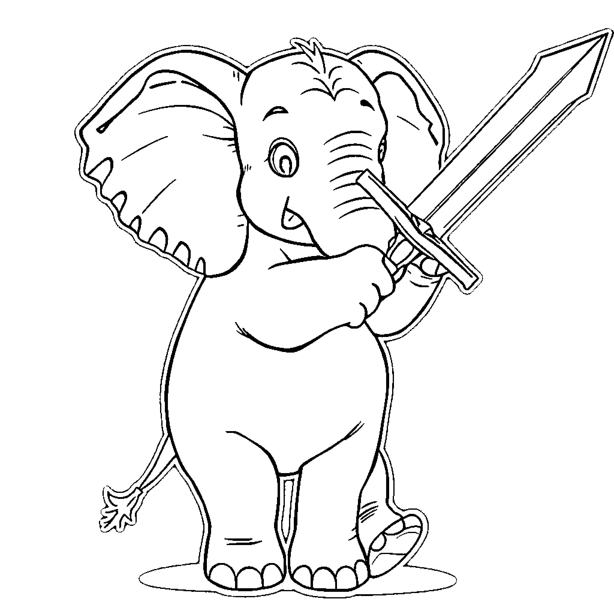 Elephant playing with toy sword Coloring Page (free black-and-white line drawing printable PDF for all, from beginners to advanced learners, including children, teens, adults, and seniors)