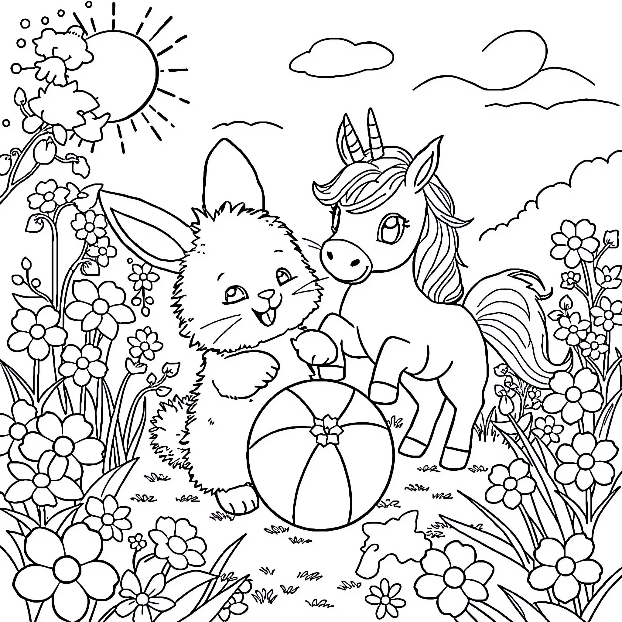 Bunny and Pony Playing in Flower Field Coloring Page (free black-and-white line drawing printable PDF for all, from beginners to advanced learners, including children, teens, adults, and seniors)