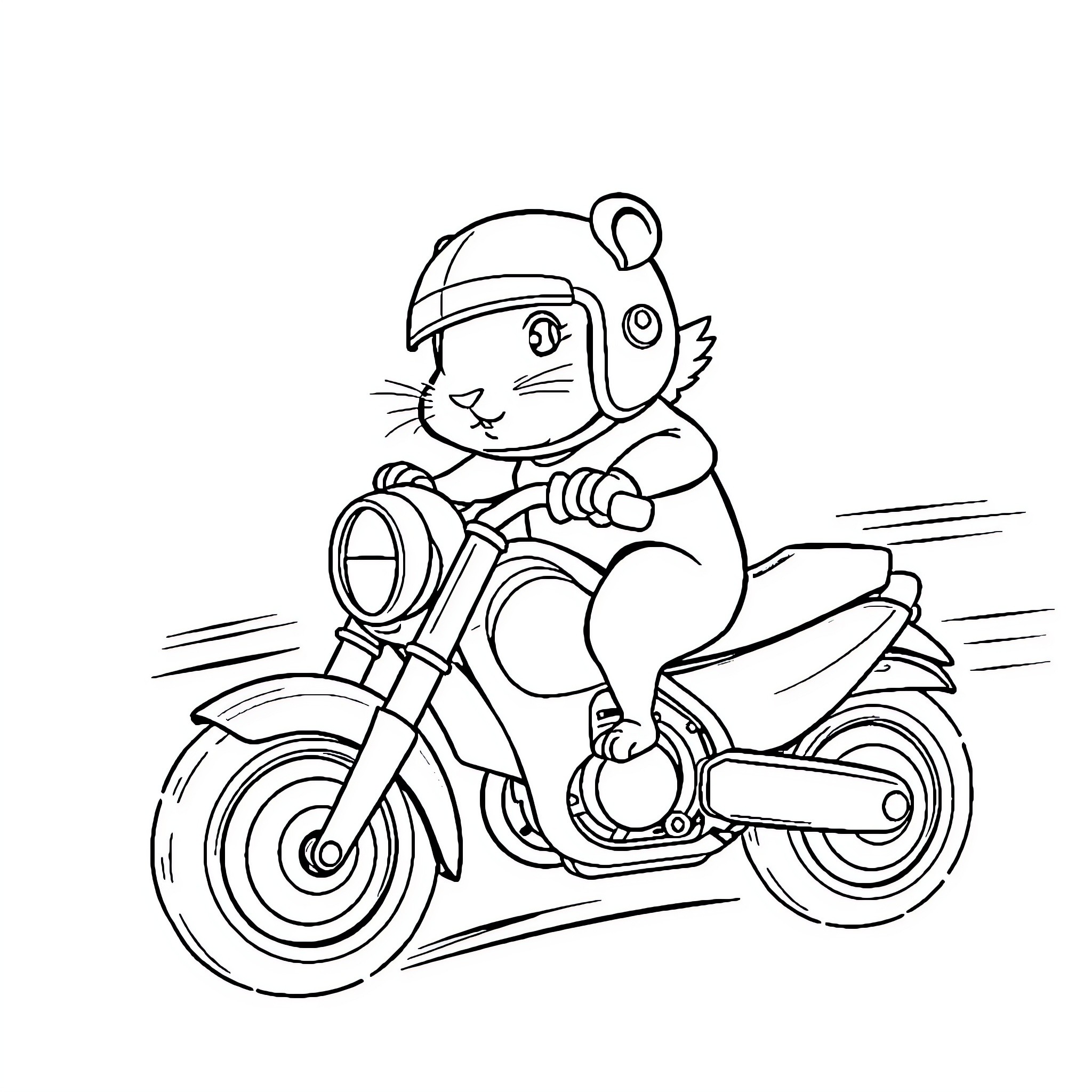 Hamster riding a motorcycle with enthusiasm Coloring Page (free black-and-white line drawing printable PDF for all, from beginners to advanced learners, including children, teens, adults, and seniors)