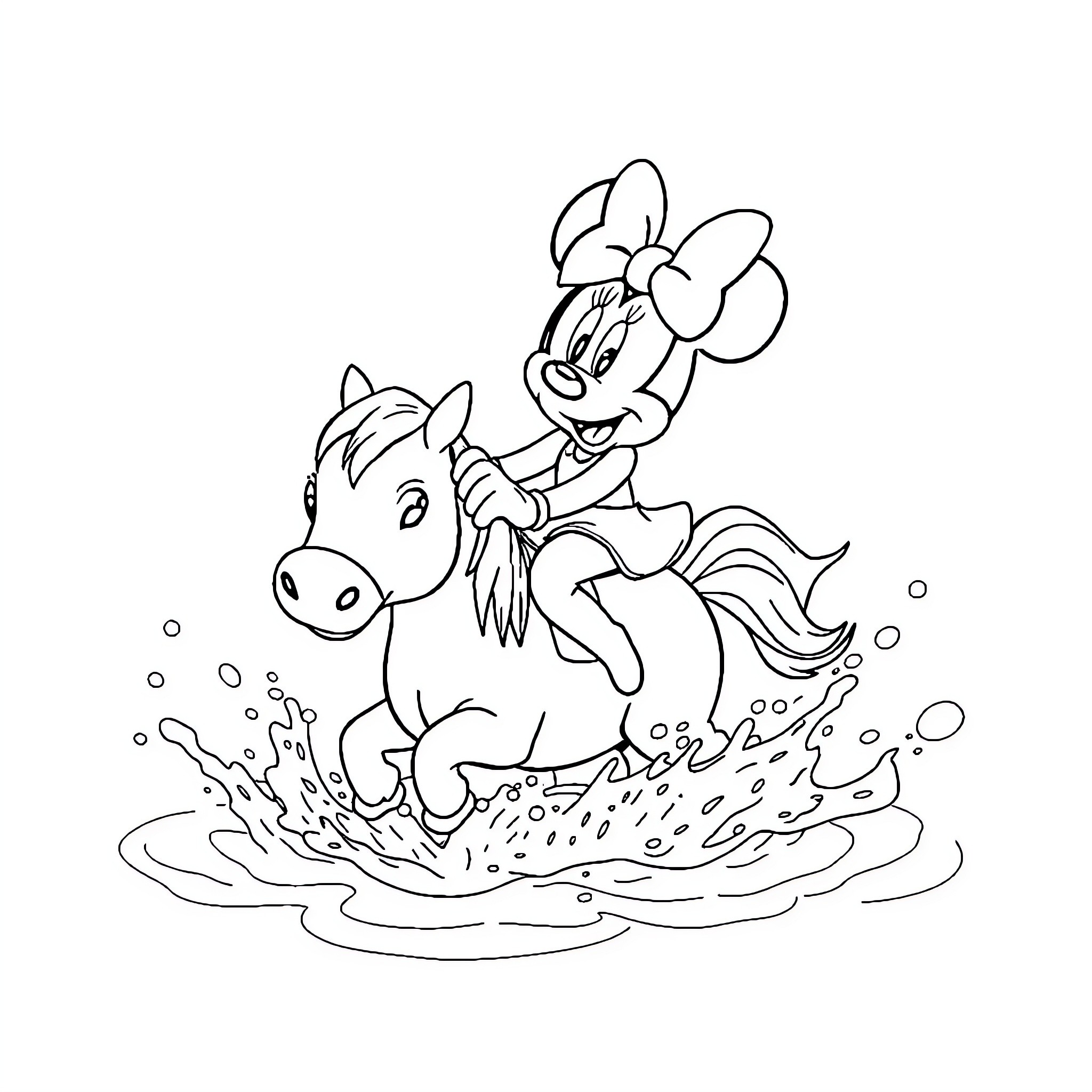 Minnie riding a playful pony through puddles Coloring Page (free black-and-white line drawing printable PDF for all, from beginners to advanced learners, including children, teens, adults, and seniors)