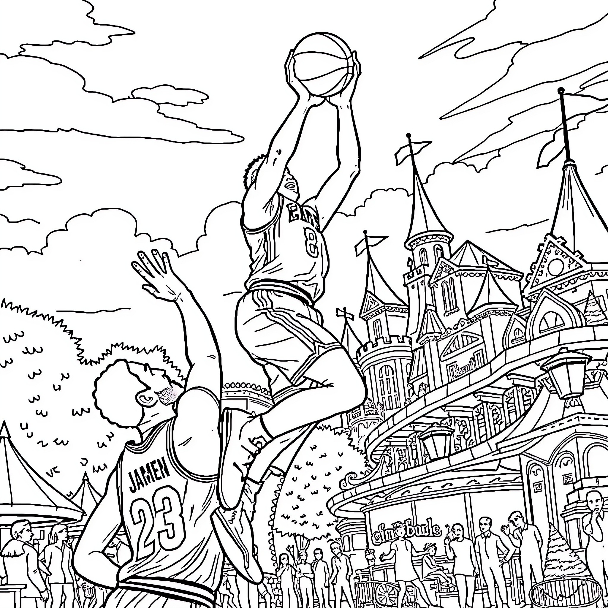 Basketball player dunking near castle-like structure Coloring Page (free black-and-white line drawing printable PDF for all, from beginners to advanced learners, including children, teens, adults, and seniors)