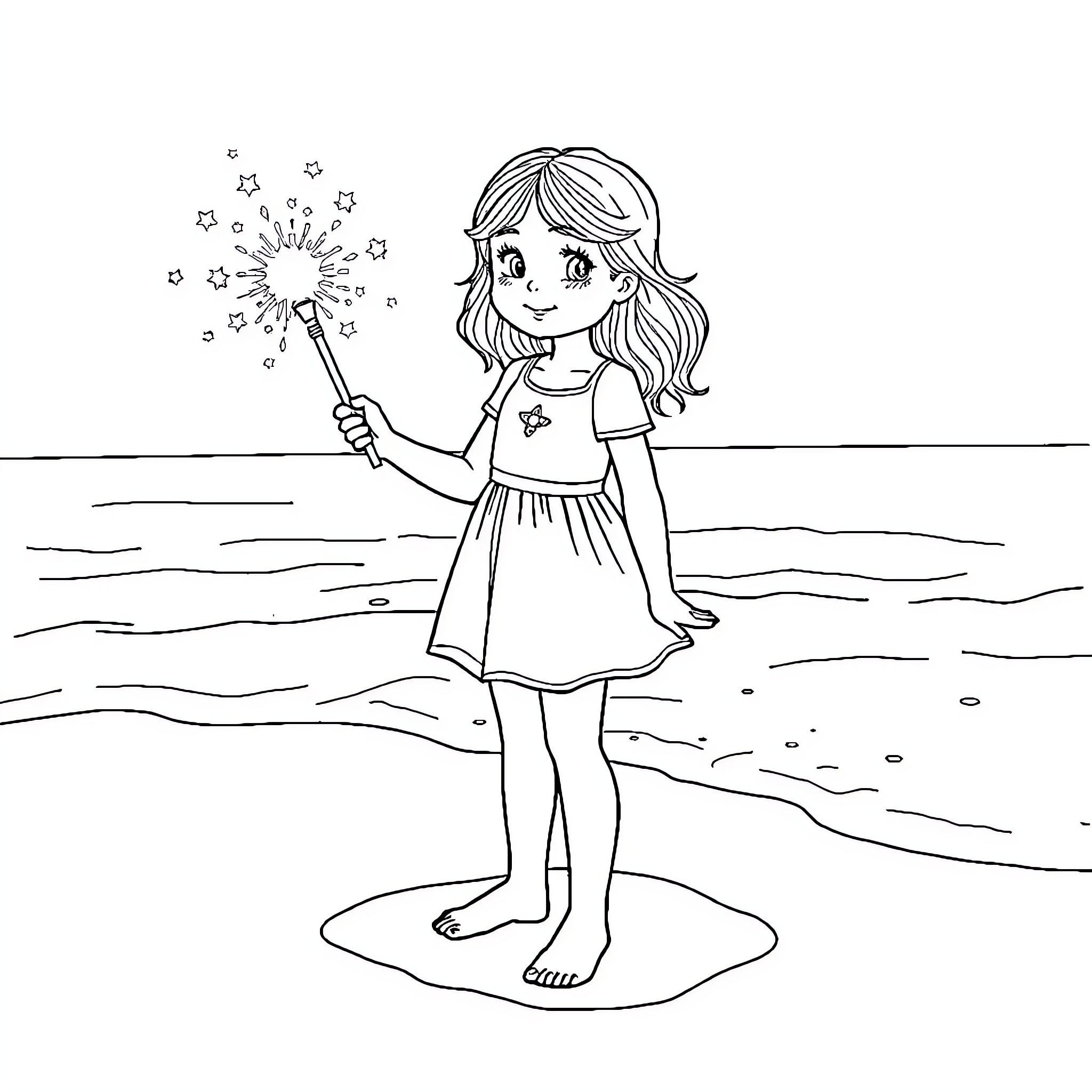 Girl enjoying a sparkler on the beach Coloring Page (free black-and-white line drawing printable PDF for all, from beginners to advanced learners, including children, teens, adults, and seniors)