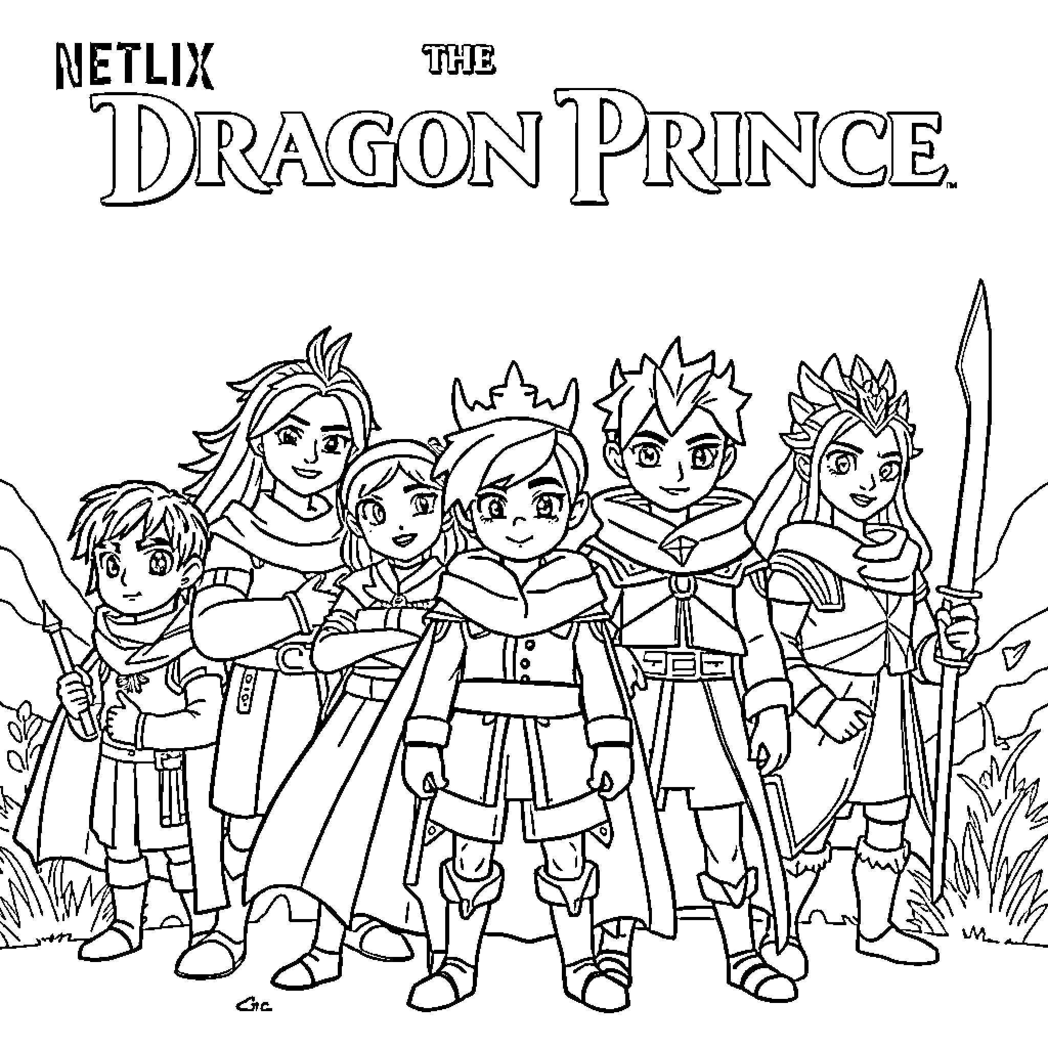 Dragon Prince: Characters in Fantasy Outfits and Poses Coloring Page (free black-and-white line drawing printable PDF for all, from beginners to advanced learners, including children, teens, adults, and seniors)