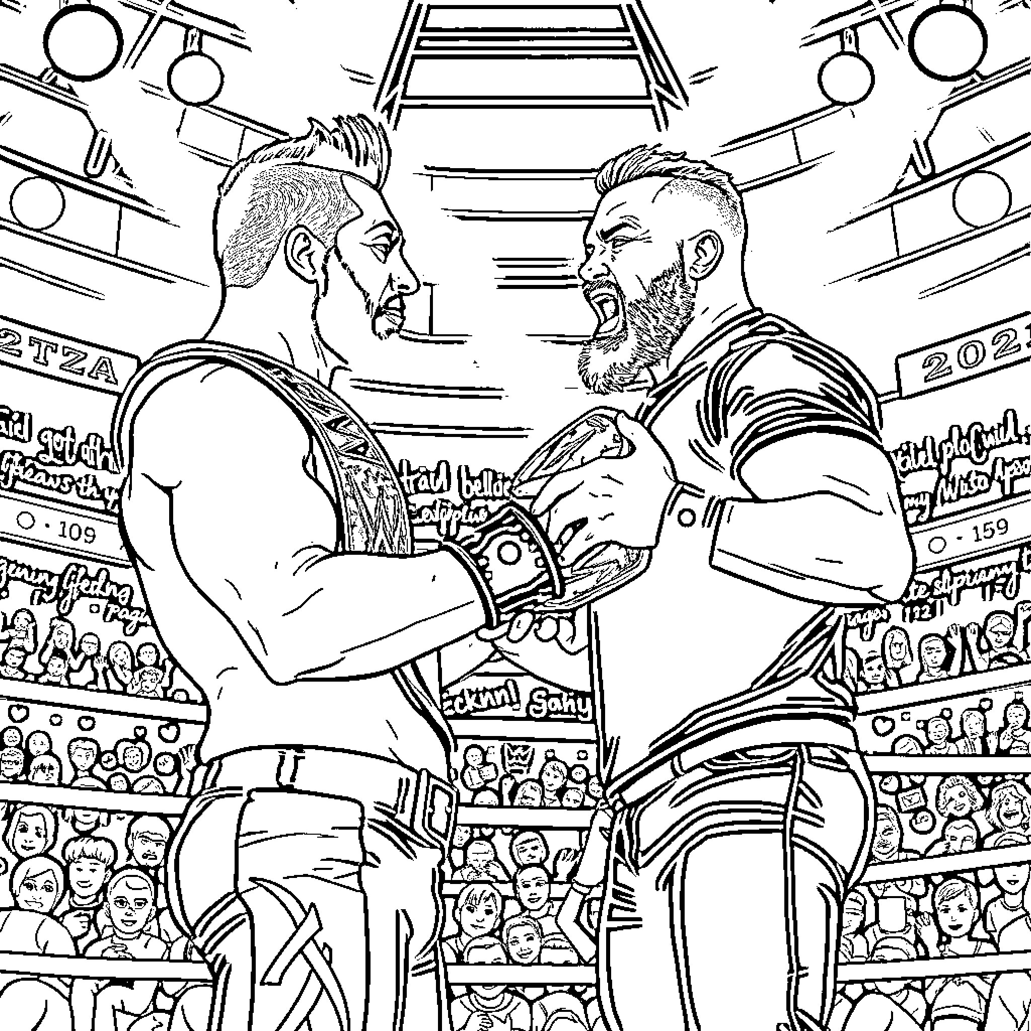 Wrestling Showdown in the Arena Coloring Page (free black-and-white line drawing printable PDF for all, from beginners to advanced learners, including children, teens, adults, and seniors)