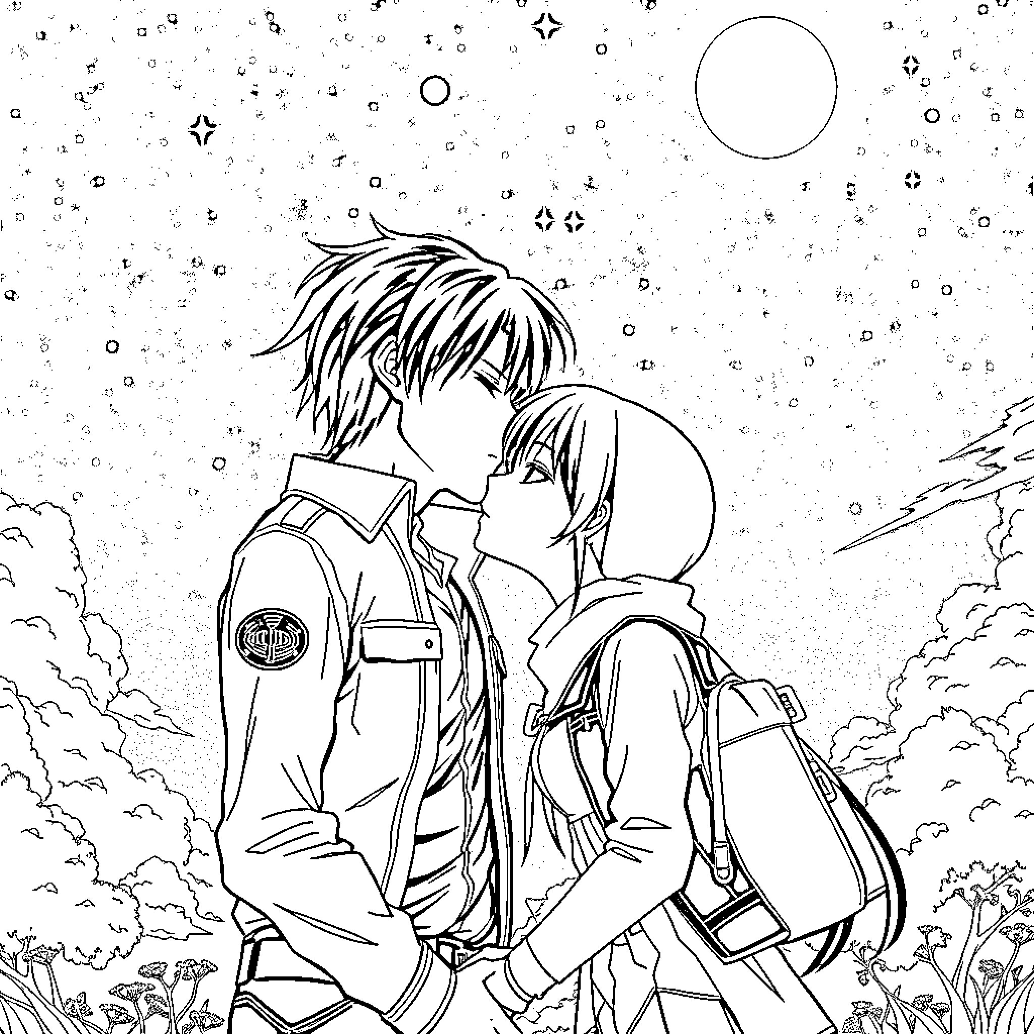 Levi's Tender Embrace Under the Starry Sky Coloring Page (free black-and-white line drawing printable PDF for all, from beginners to advanced learners, including children, teens, adults, and seniors)