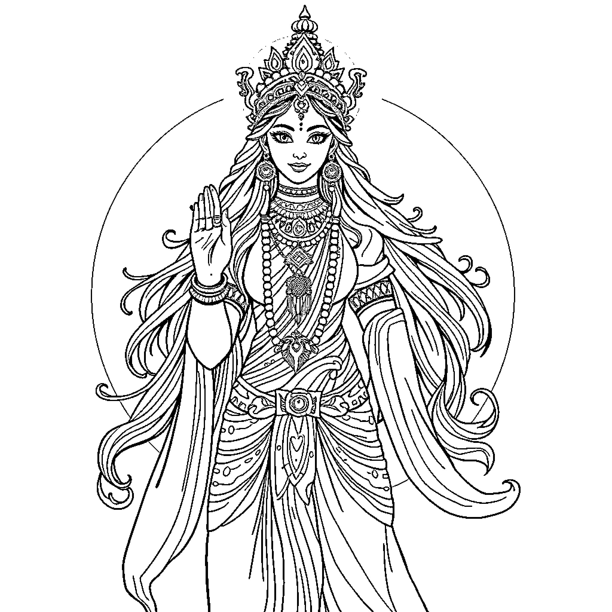 Goddess in Regal Attire and Ornaments Coloring Page (free black-and-white line drawing printable PDF for all, from beginners to advanced learners, including children, teens, adults, and seniors)