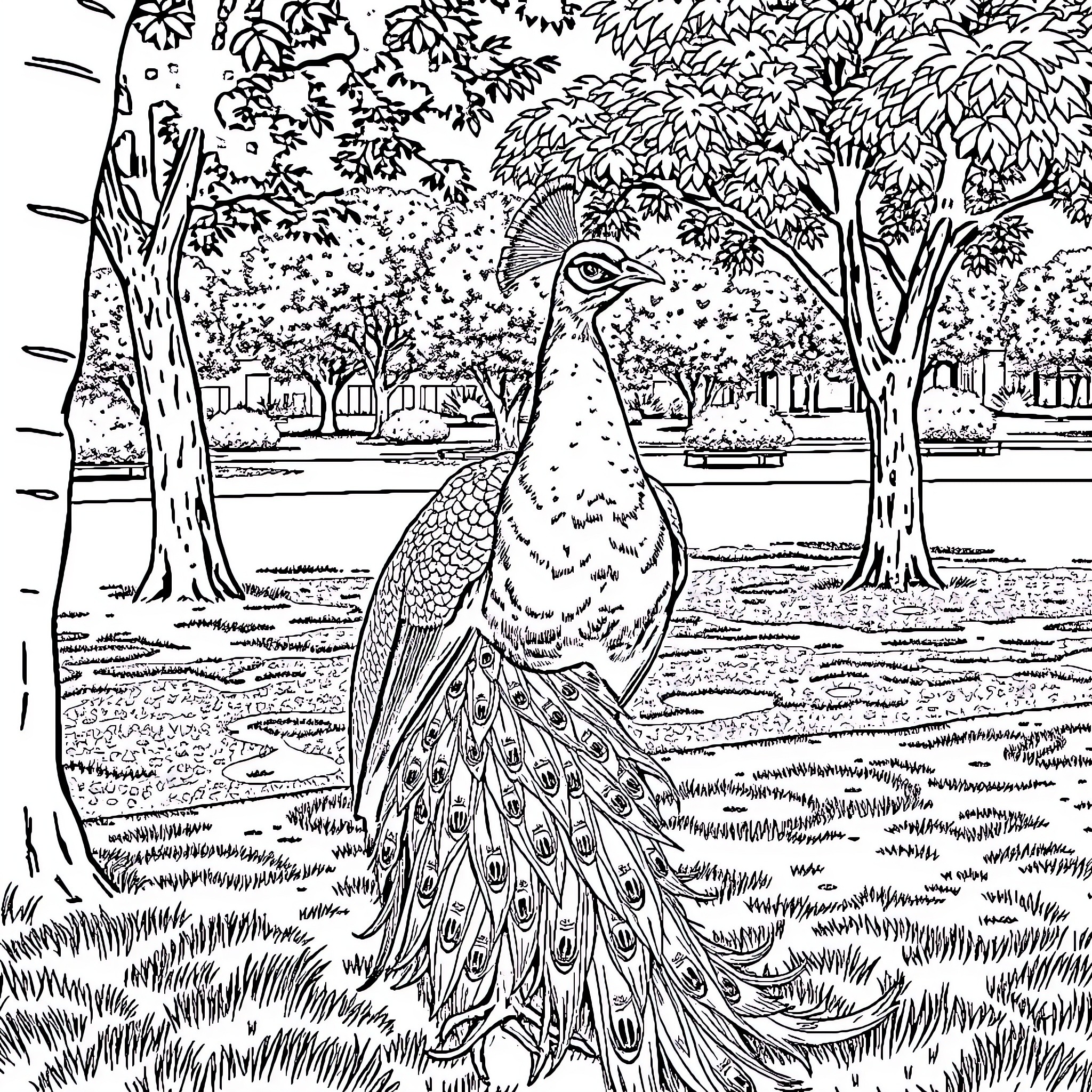 Peacock displaying its magnificent feathers in the forest Coloring Page (free black-and-white line drawing printable PDF for all, from beginners to advanced learners, including children, teens, adults, and seniors)