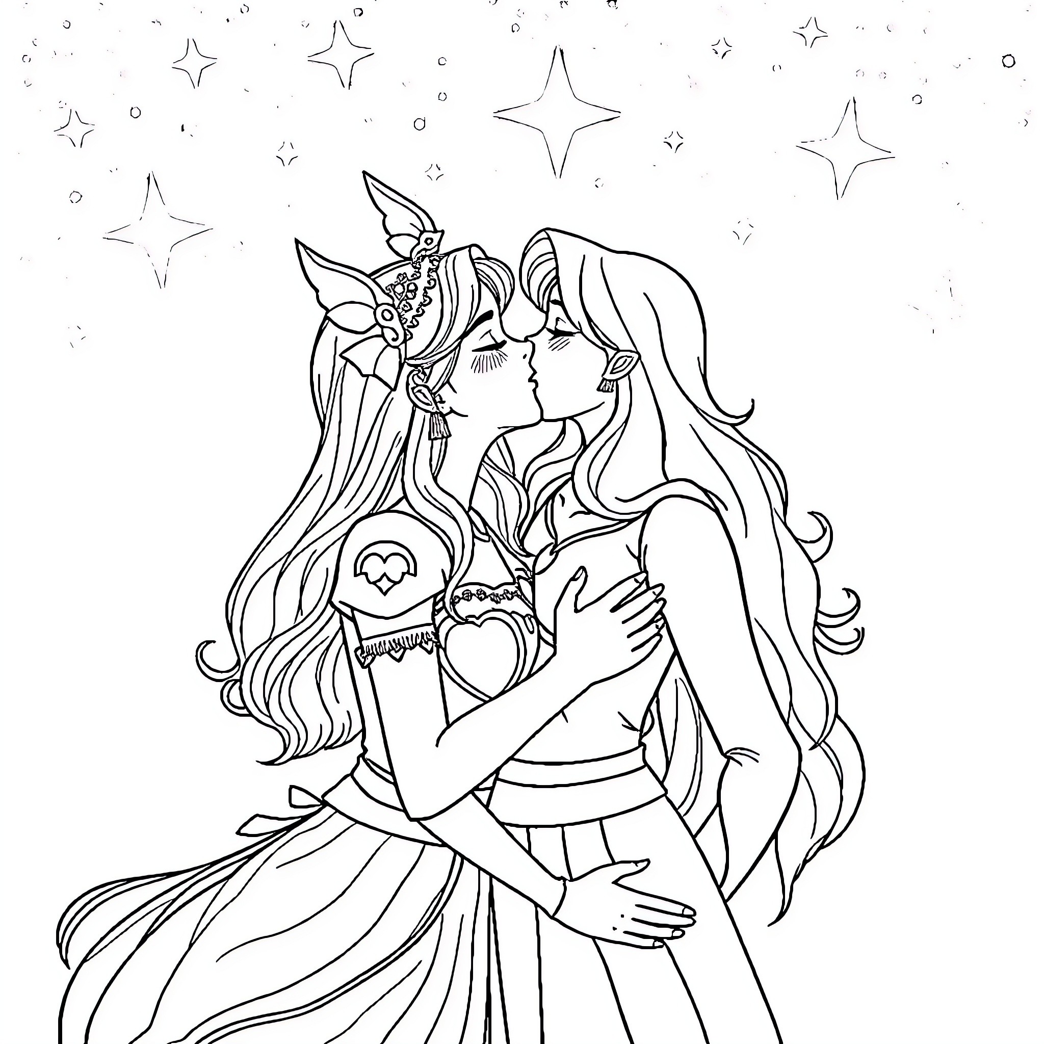 Artemis - Two mystical figures in embrace under the starry sky Coloring Page (free black-and-white line drawing printable PDF for all, from beginners to advanced learners, including children, teens, adults, and seniors)