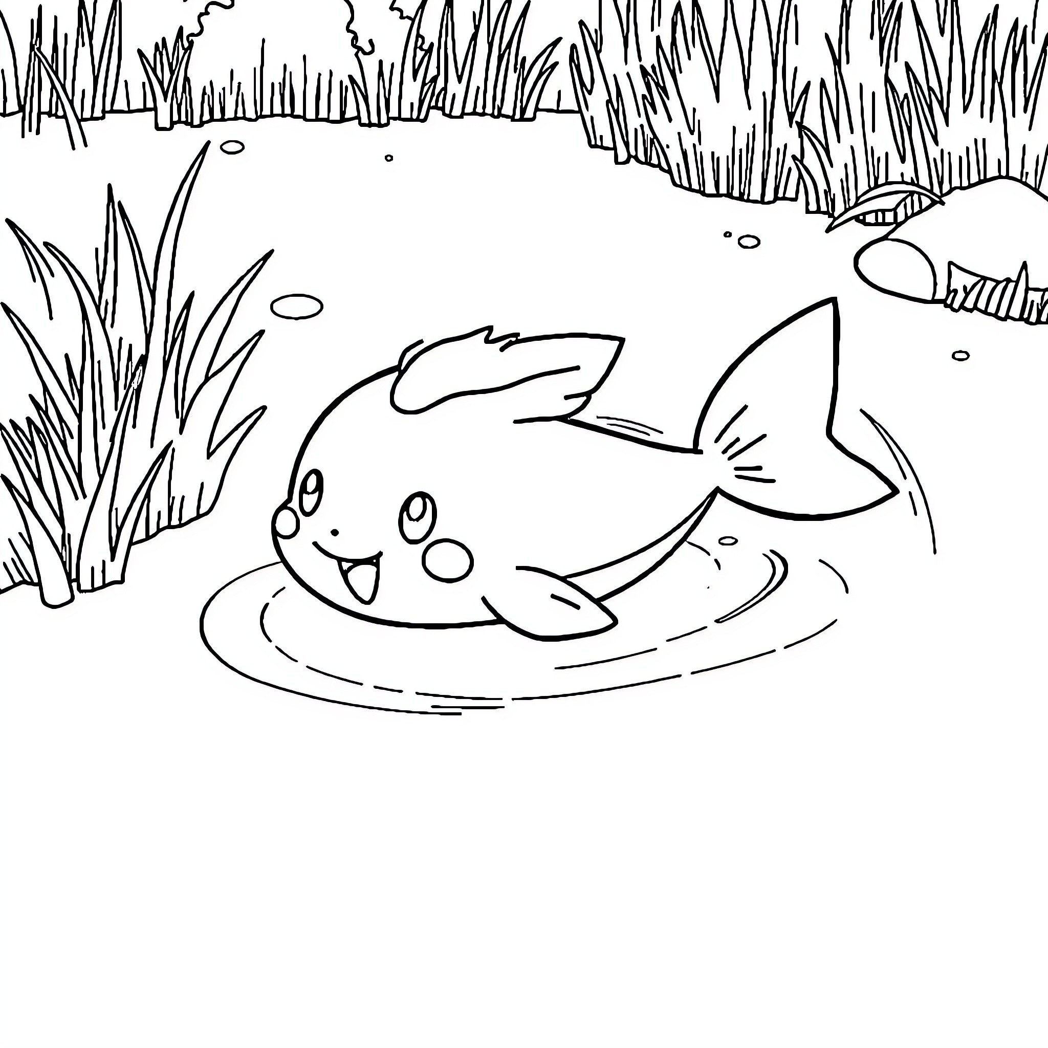 Mudkip enjoying a swim in the pond Coloring Page (free black-and-white line drawing printable PDF for all, from beginners to advanced learners, including children, teens, adults, and seniors)