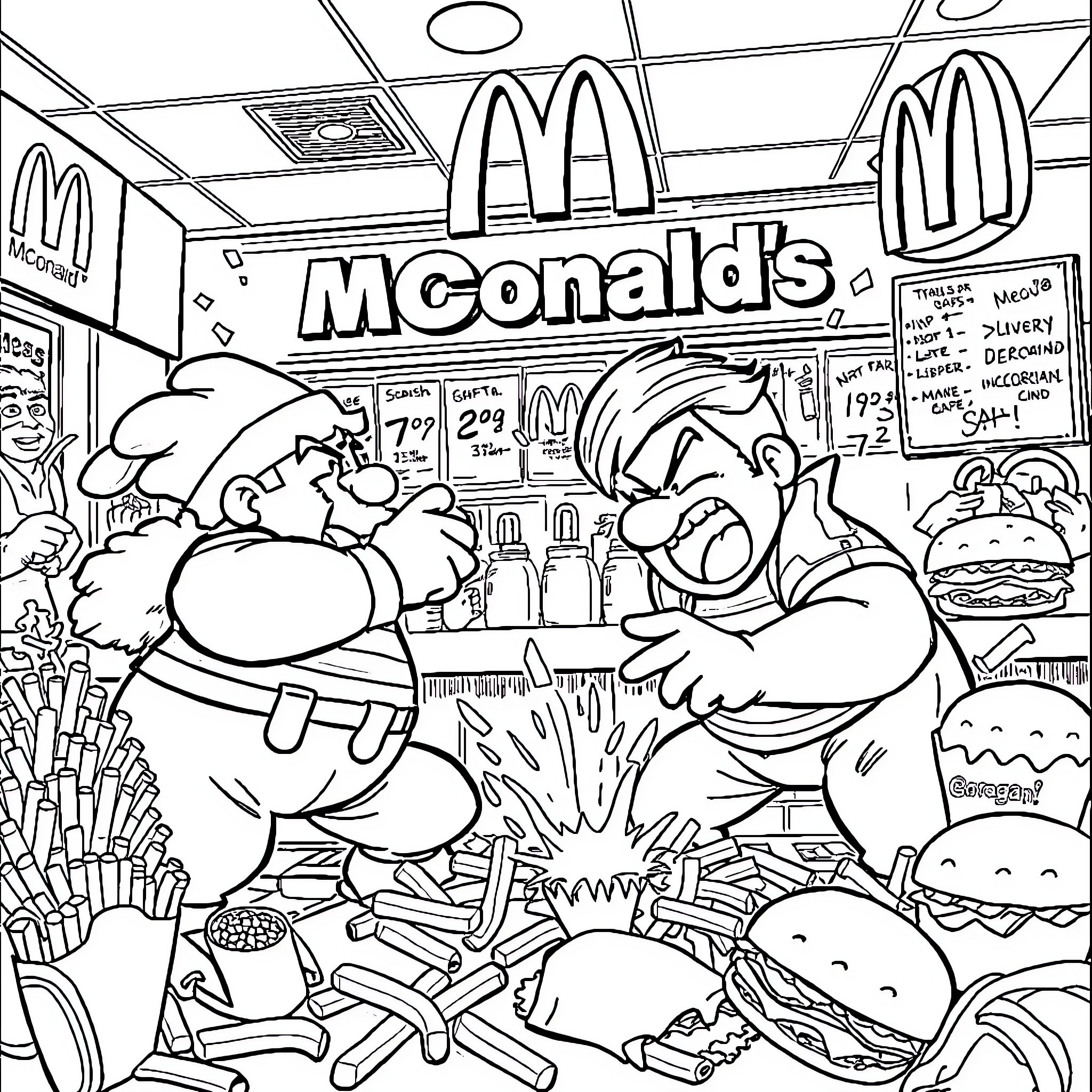 Sans fast food workers serving hungry cartoon customers Coloring Page (free black-and-white line drawing printable PDF for all, from beginners to advanced learners, including children, teens, adults, and seniors)