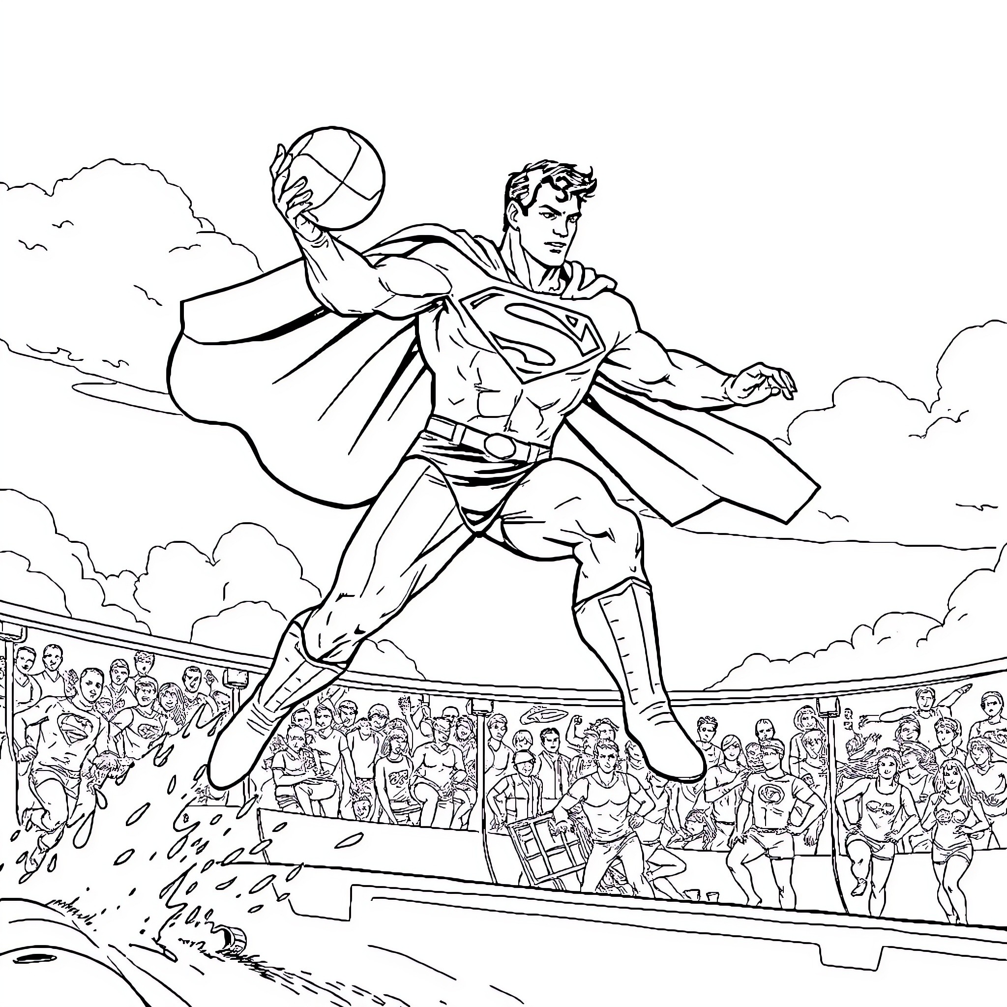 Superman soaring above adoring crowd Coloring Page (free black-and-white line drawing printable PDF for all, from beginners to advanced learners, including children, teens, adults, and seniors)
