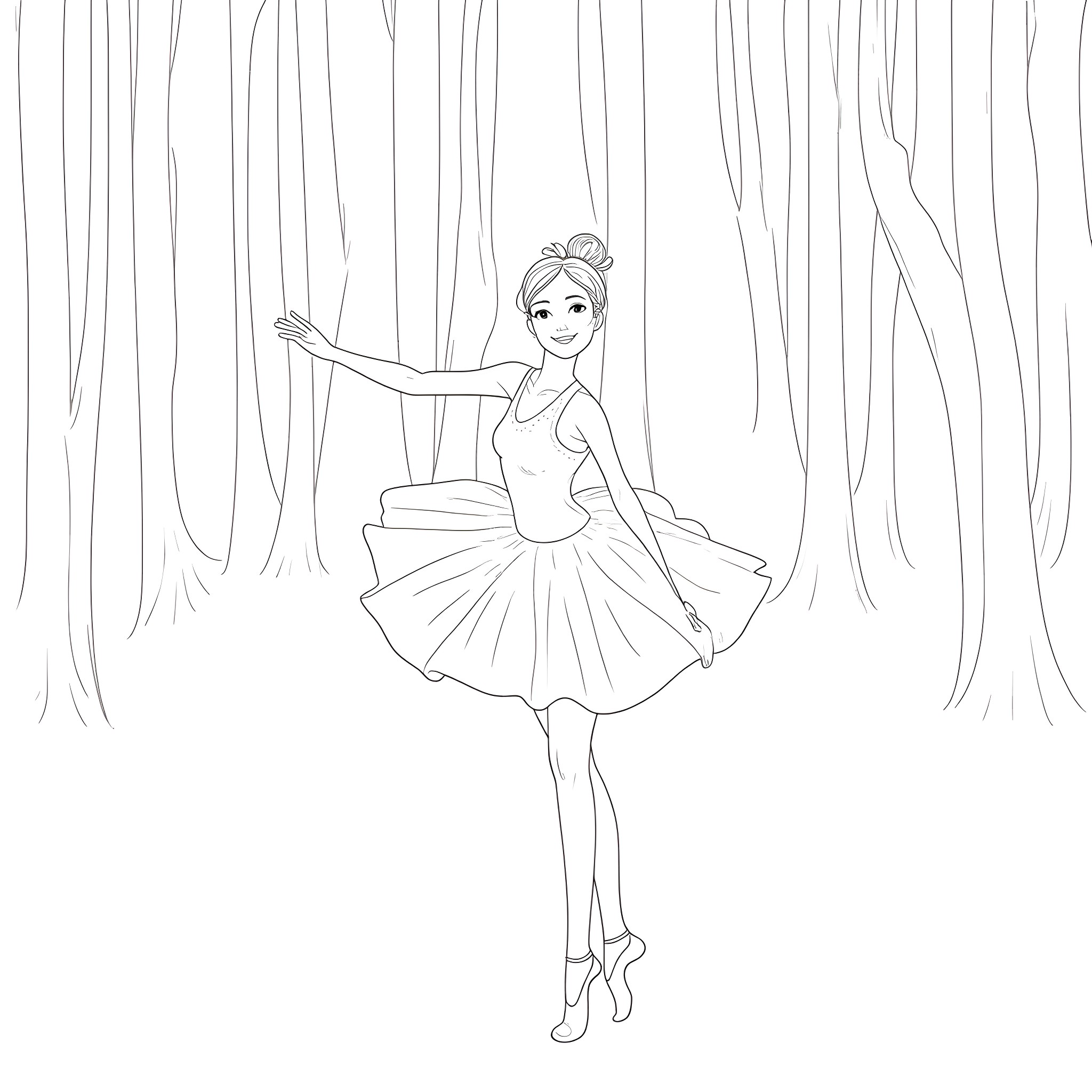 Ballerina performing graceful dance in forest setting Coloring Page (free black-and-white line drawing printable PDF for all, from beginners to advanced learners, including children, teens, adults, and seniors)
