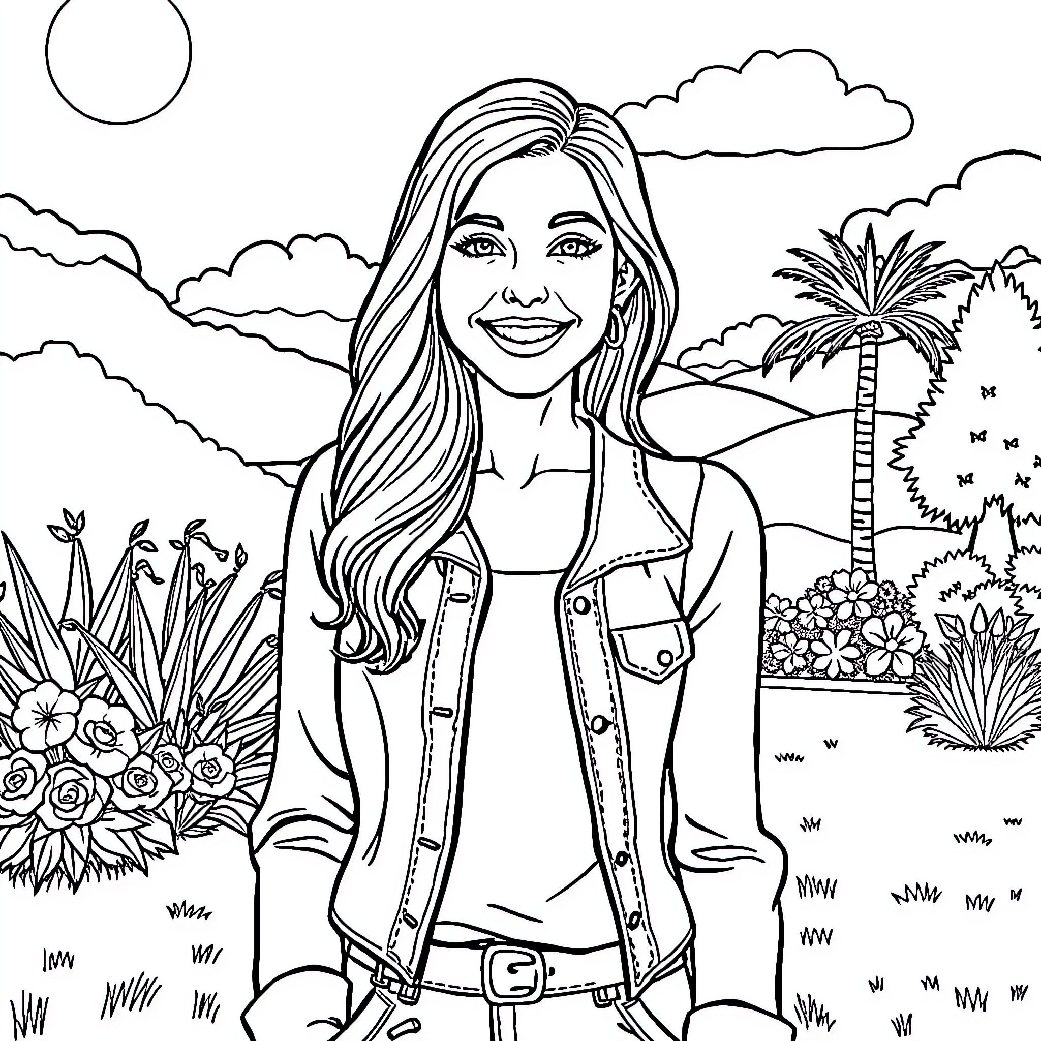Sabrina Dorval enjoying the scenic outdoors Coloring Page (free black-and-white line drawing printable PDF for all, from beginners to advanced learners, including children, teens, adults, and seniors)