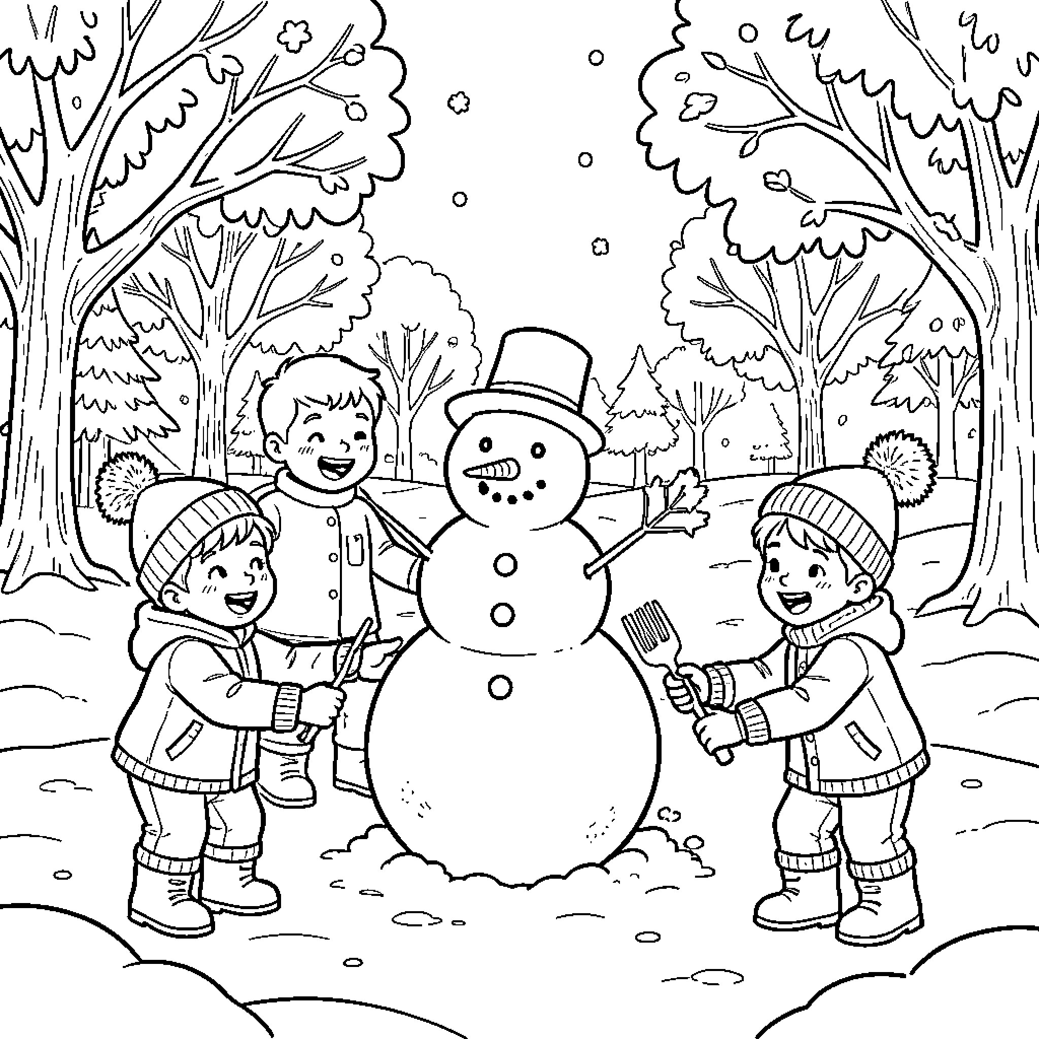 Snowman Playing with Children in Snowy Wonderland Coloring Page (free black-and-white line drawing printable PDF for all, from beginners to advanced learners, including children, teens, adults, and seniors)