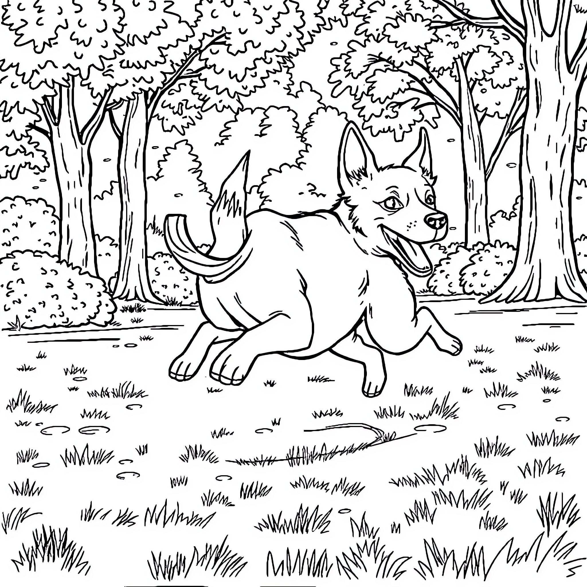 Dog running playfully through the forest Coloring Page (free black-and-white line drawing printable PDF for all, from beginners to advanced learners, including children, teens, adults, and seniors)
