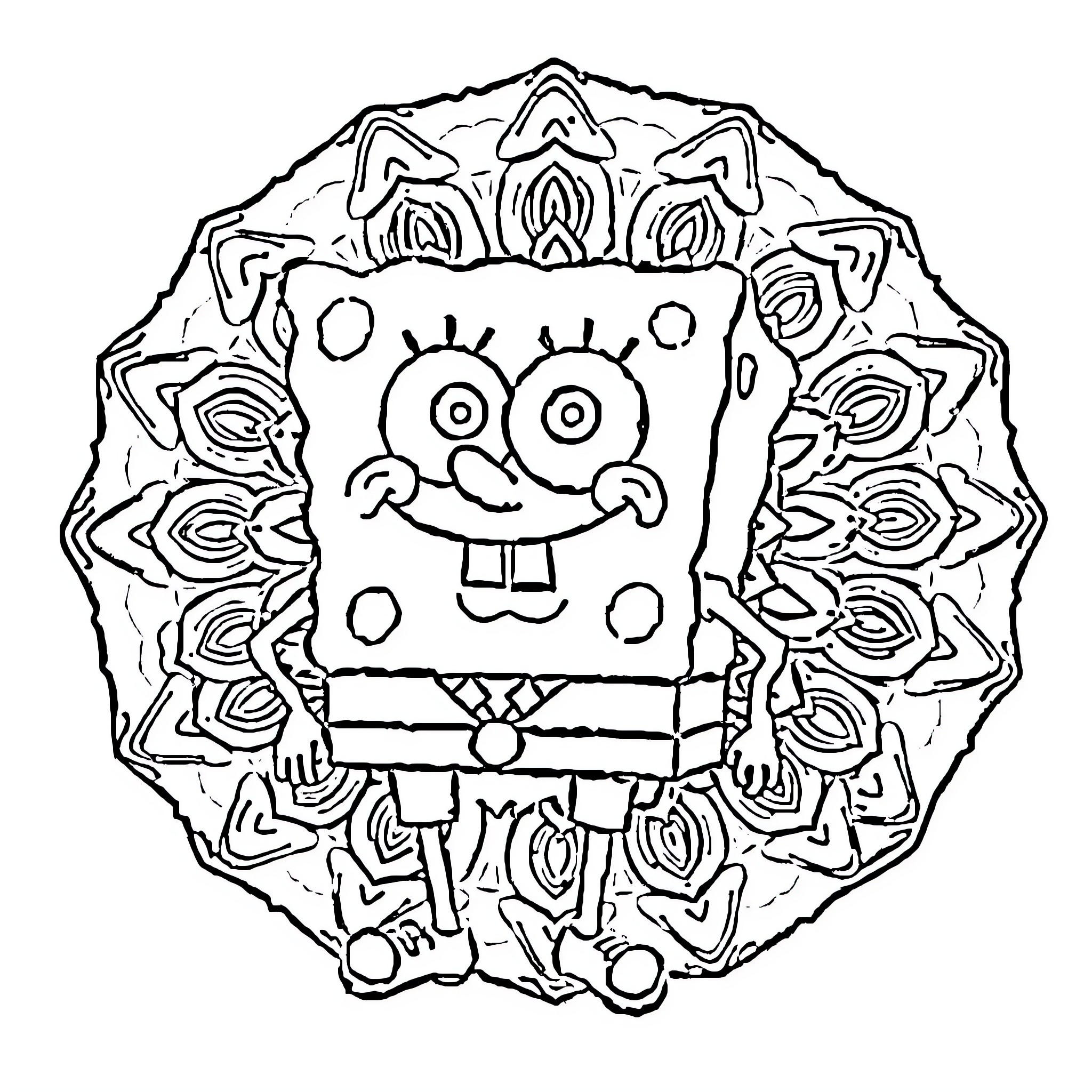 Spongebob in a decorative cartoon pattern Coloring Page (free black-and-white line drawing printable PDF for all, from beginners to advanced learners, including children, teens, adults, and seniors)