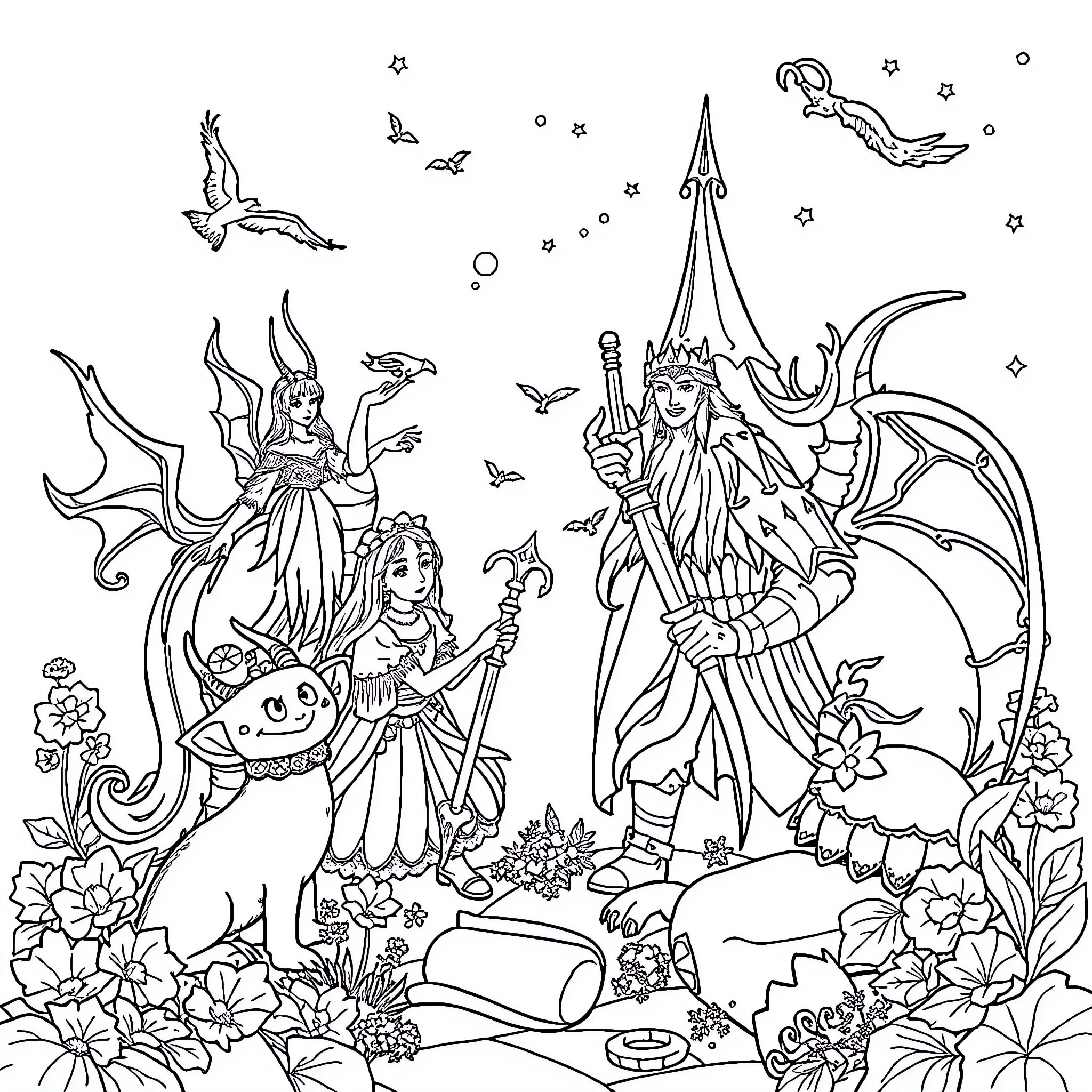 Fairytale Fantasy Scene with Royalty and Creatures Coloring Page (free black-and-white line drawing printable PDF for all, from beginners to advanced learners, including children, teens, adults, and seniors)