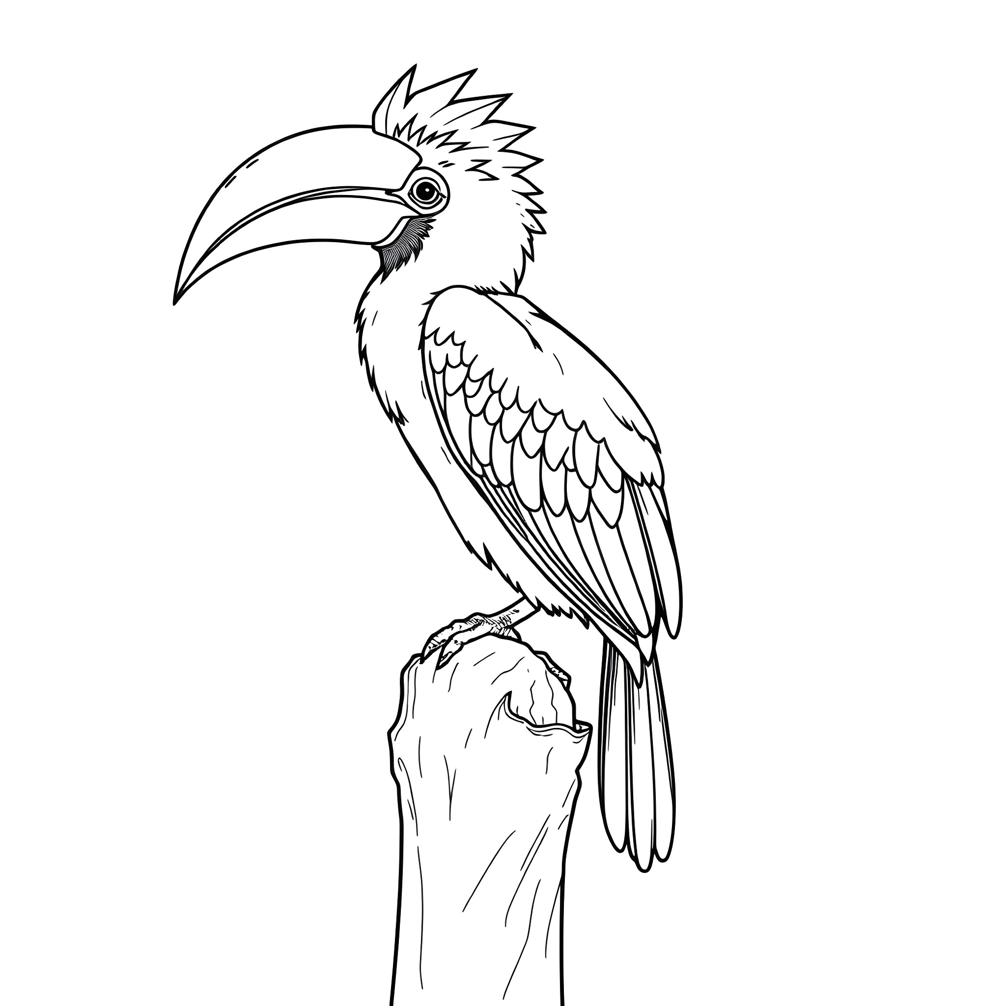 Hornbill perched on a branch Coloring Page (free black-and-white line drawing printable PDF for all, from beginners to advanced learners, including children, teens, adults, and seniors)