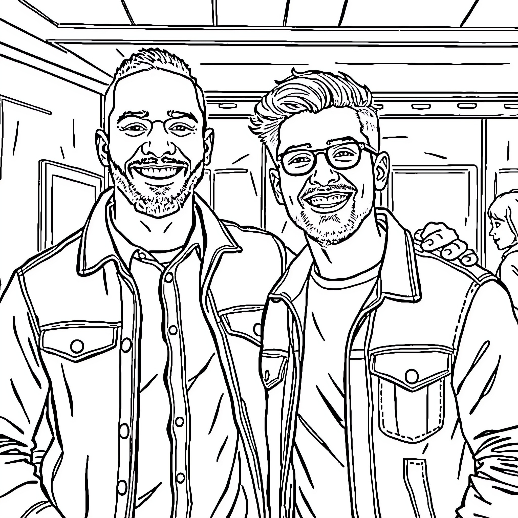 Austin's Casual Friends Pose with Smiles Coloring Page (free black-and-white line drawing printable PDF for all, from beginners to advanced learners, including children, teens, adults, and seniors)
