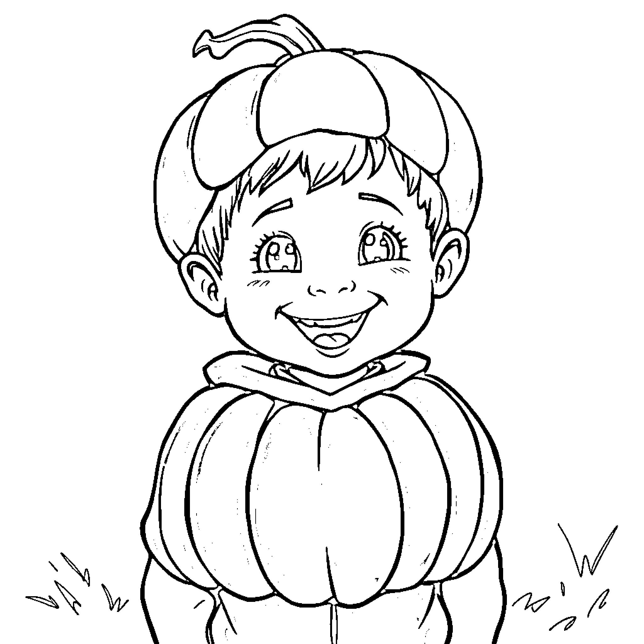 Pumpkin Boy's Joyful Outfit and Expression Coloring Page (free black-and-white line drawing printable PDF for all, from beginners to advanced learners, including children, teens, adults, and seniors)
