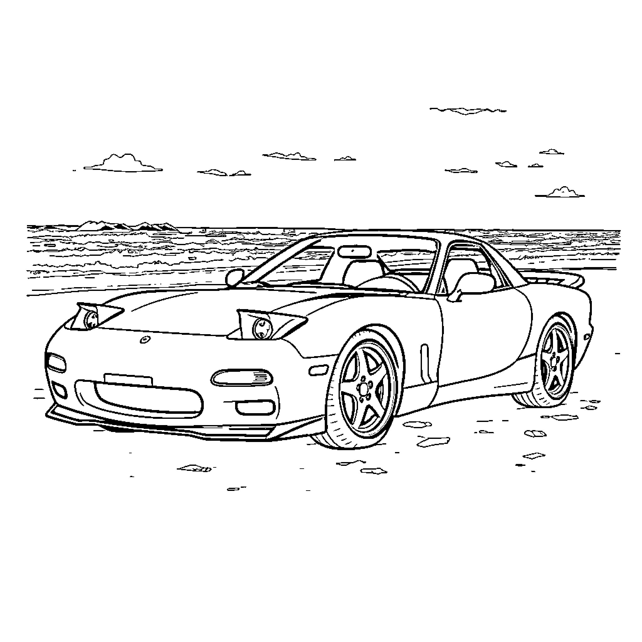 Fd Rx7 sports car on the beach Coloring Page (free black-and-white line drawing printable PDF for all, from beginners to advanced learners, including children, teens, adults, and seniors)