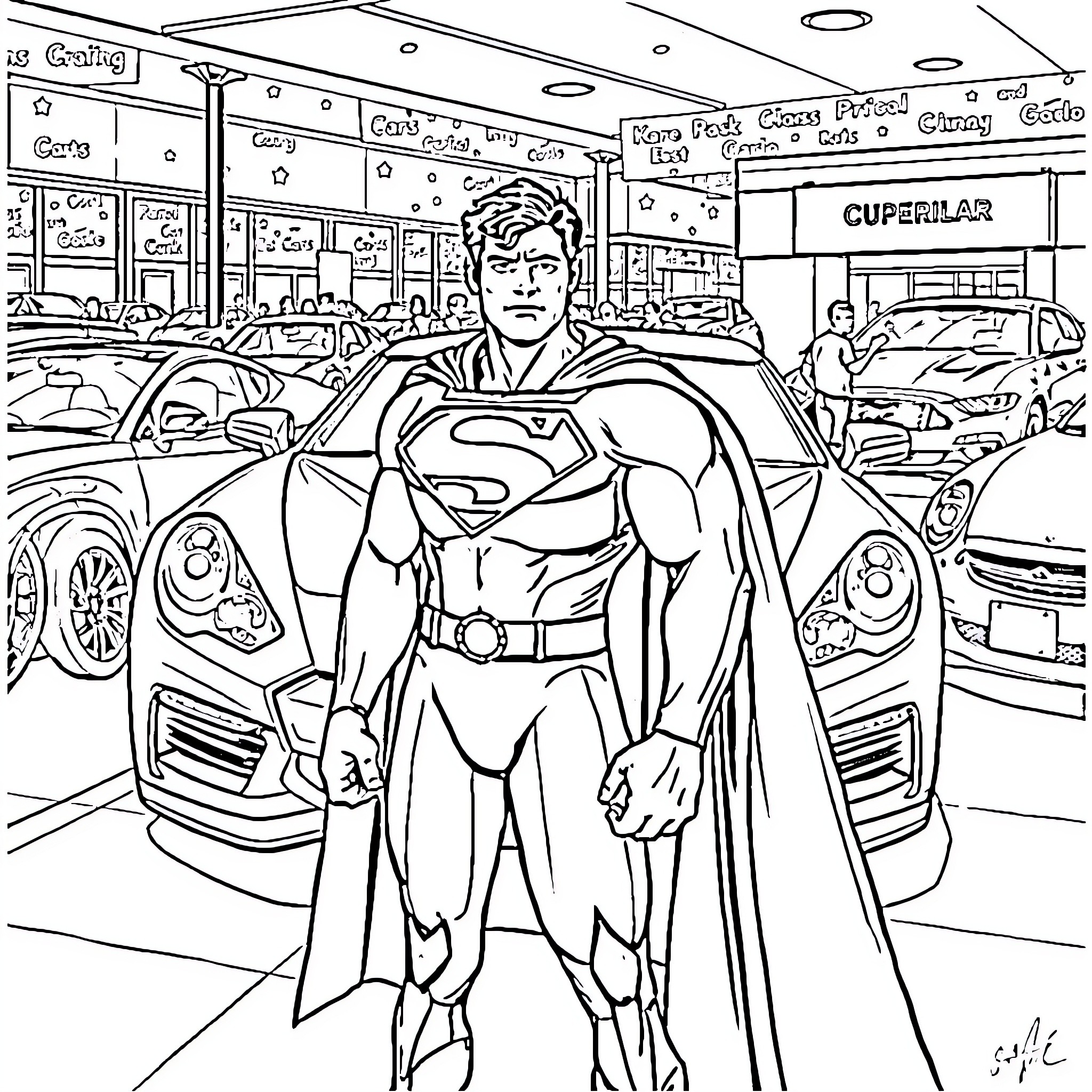 Superman standing heroically in a car dealership Coloring Page (free black-and-white line drawing printable PDF for all, from beginners to advanced learners, including children, teens, adults, and seniors)