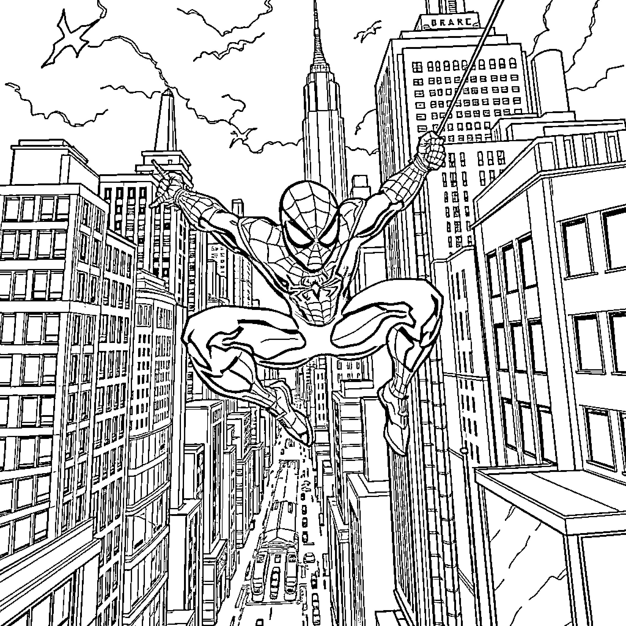 Spiderman swinging through the city skyline Coloring Page (free black-and-white line drawing printable PDF for all, from beginners to advanced learners, including children, teens, adults, and seniors)
