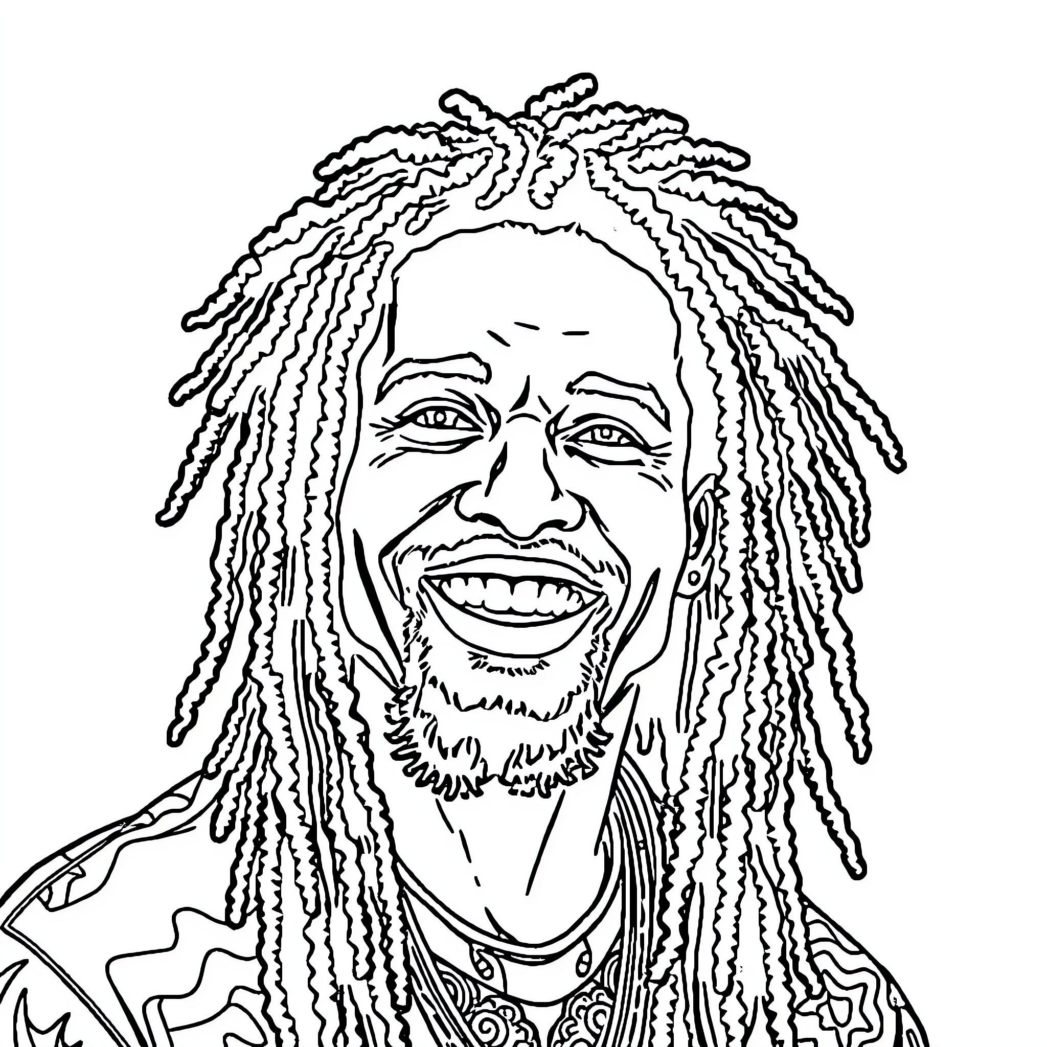 Rasta Man Smiling Joyfully with Intricate Dreadlocks Coloring Page (free black-and-white line drawing printable PDF for all, from beginners to advanced learners, including children, teens, adults, and seniors)