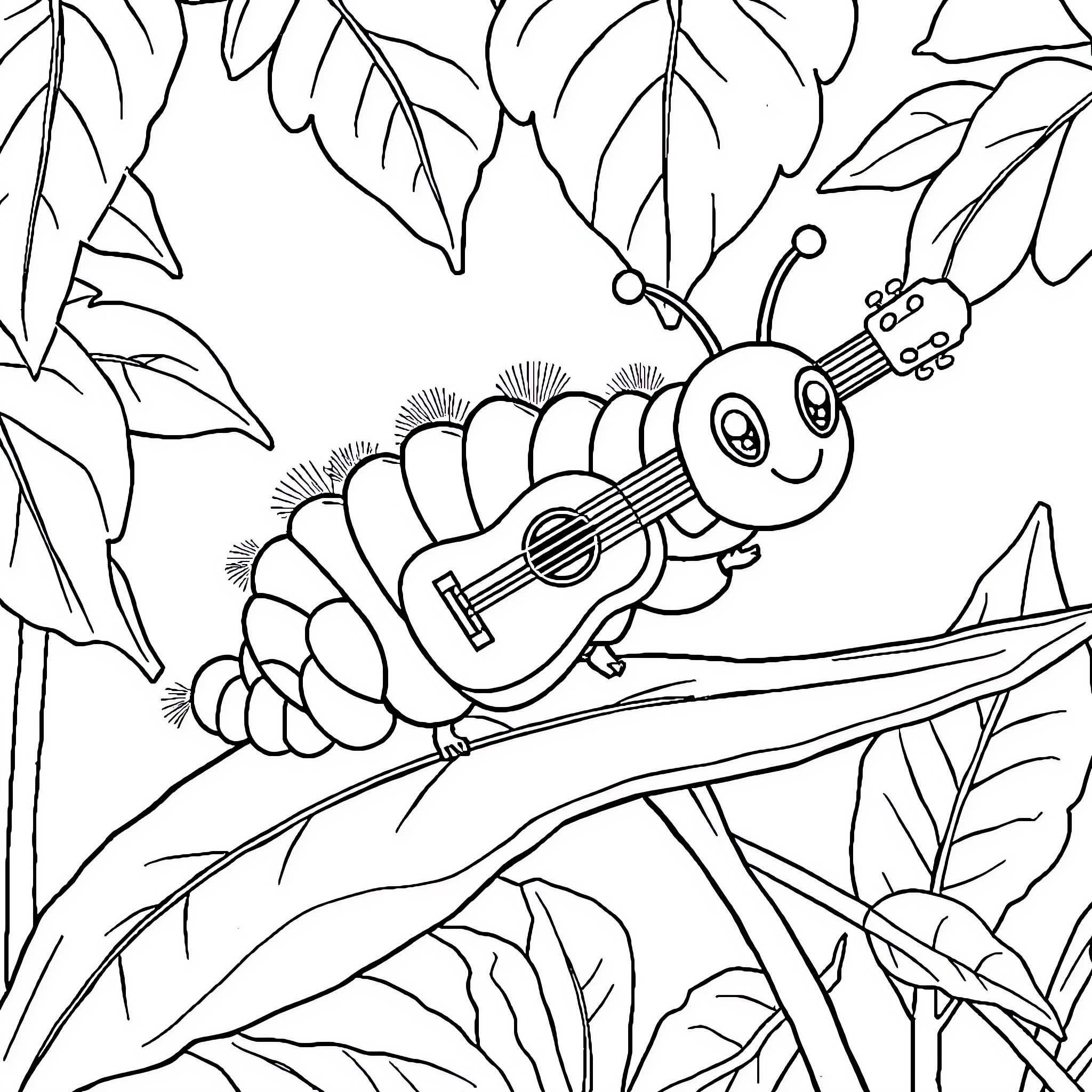 Caterpillar Playing Guitar in Nature Coloring Page (free black-and-white line drawing printable PDF for all, from beginners to advanced learners, including children, teens, adults, and seniors)