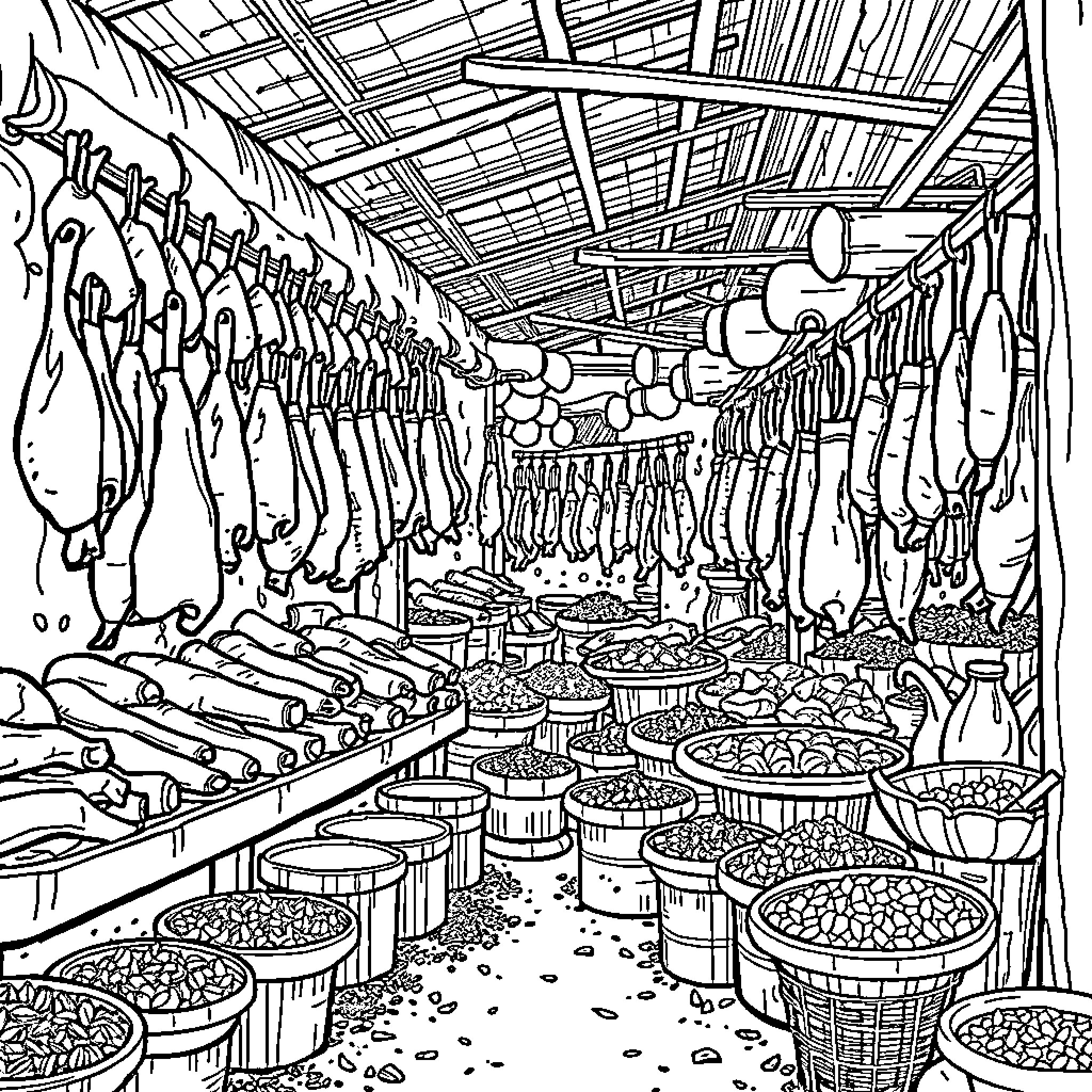 Market stalls filled with diverse goods and produce Coloring Page (free black-and-white line drawing printable PDF for all, from beginners to advanced learners, including children, teens, adults, and seniors)