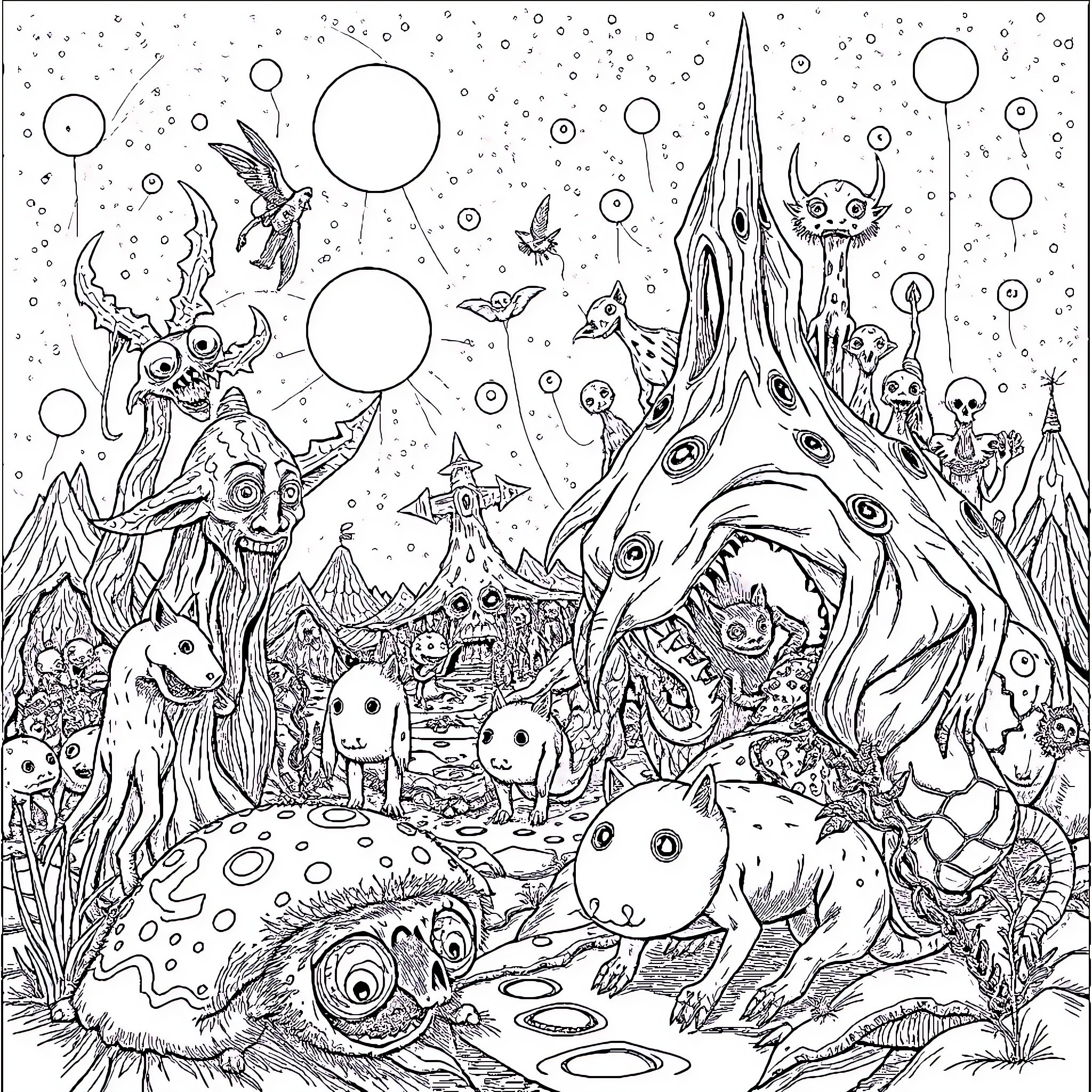 Strangereal - Whimsical Otherworldly Landscape Coloring Page (free black-and-white line drawing printable PDF for all, from beginners to advanced learners, including children, teens, adults, and seniors)