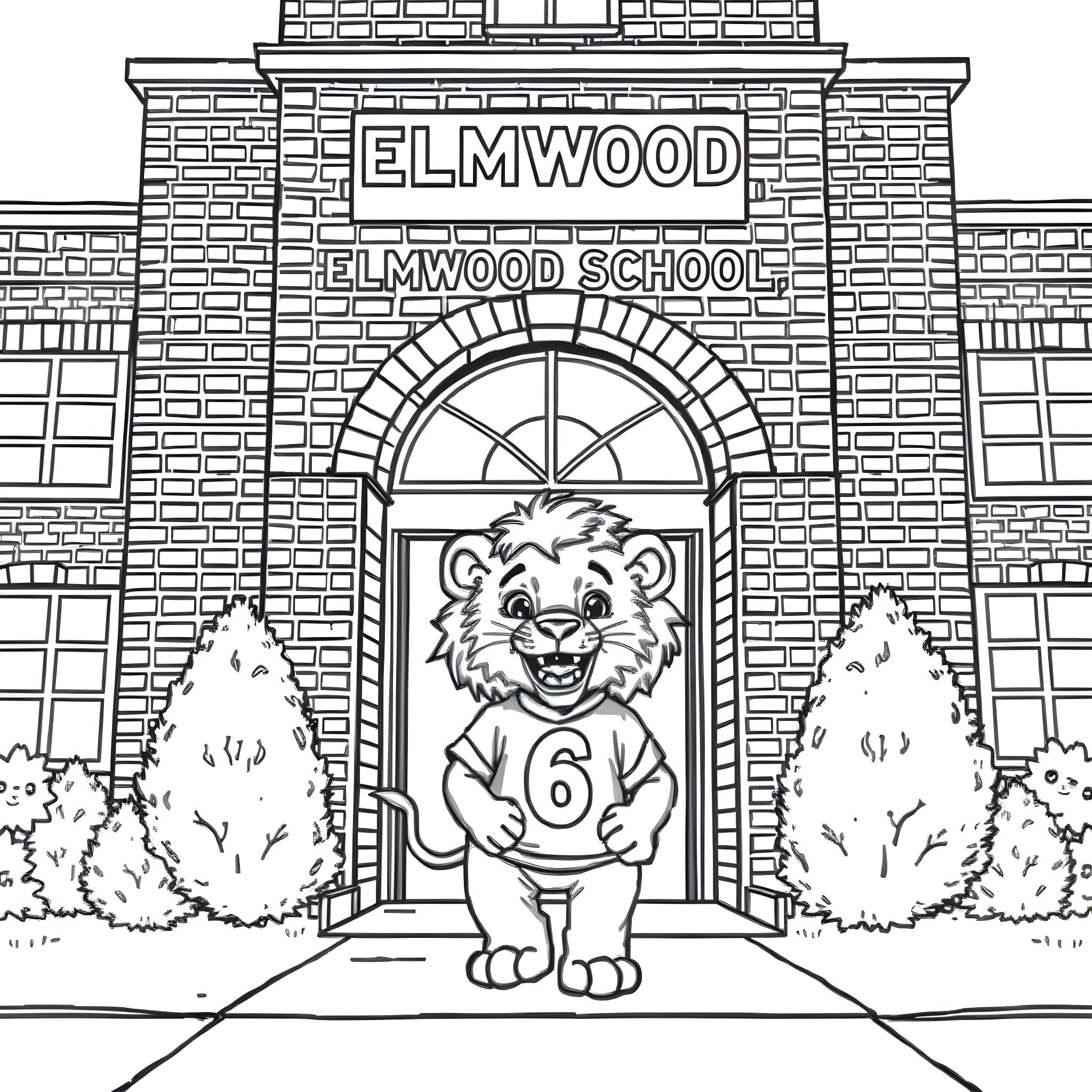 Lion Cub Standing Proudly at Elmwood School Entrance Coloring Page (free black-and-white line drawing printable PDF for all, from beginners to advanced learners, including children, teens, adults, and seniors)
