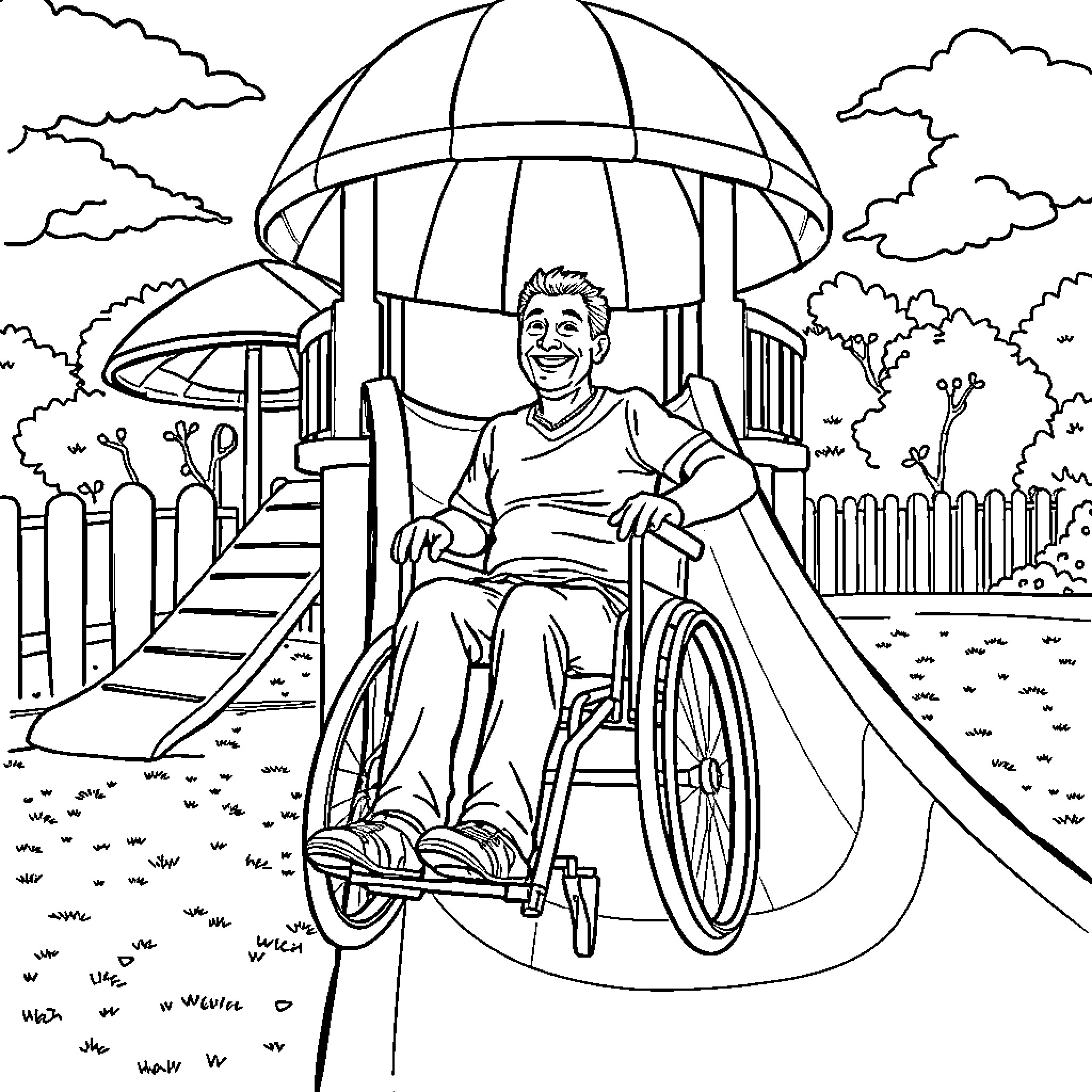 Man in wheelchair enjoying outdoor pavilion Coloring Page (free black-and-white line drawing printable PDF for all, from beginners to advanced learners, including children, teens, adults, and seniors)