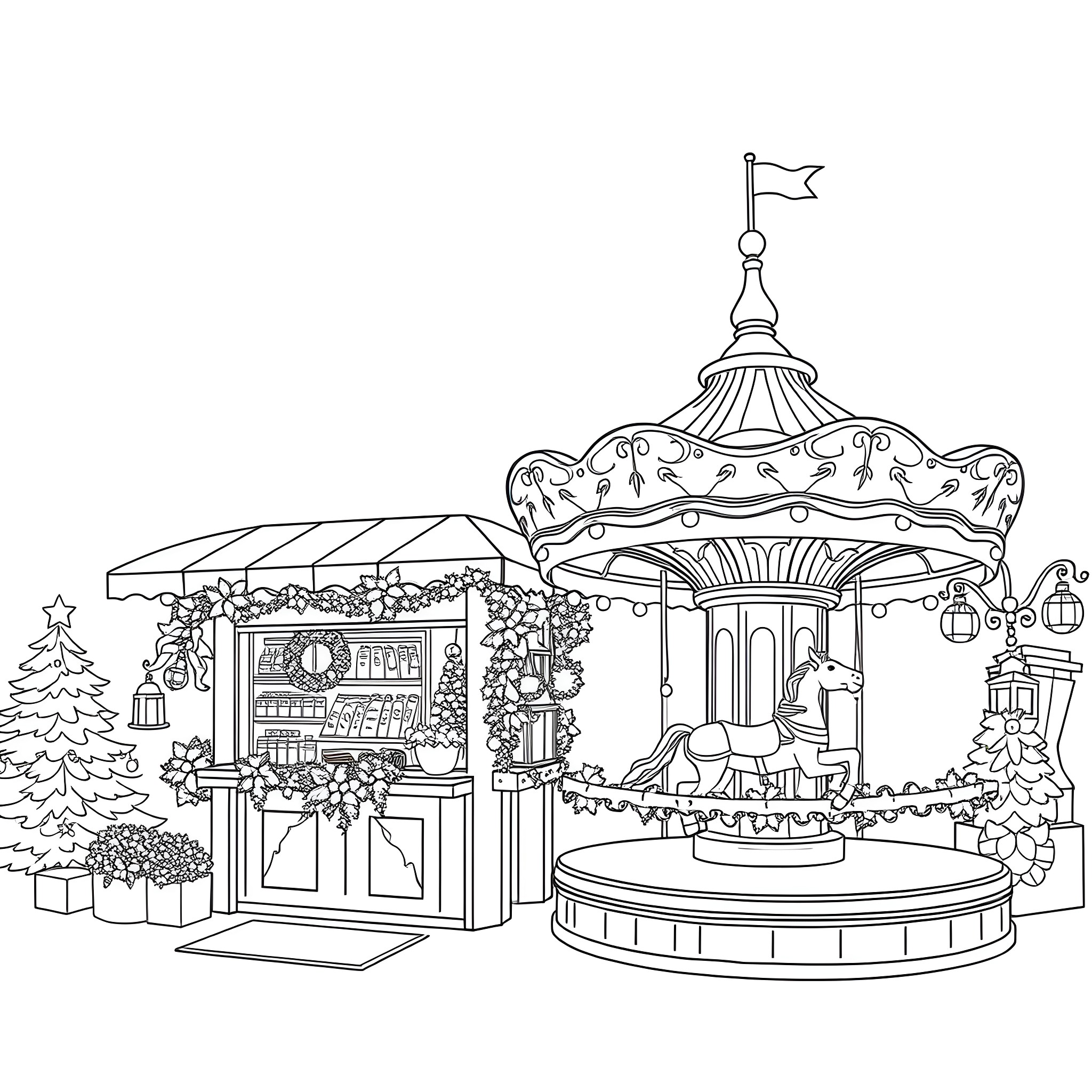Christmas Market with Festive Carousel and Decorations Coloring Page (free black-and-white line drawing printable PDF for all, from beginners to advanced learners, including children, teens, adults, and seniors)
