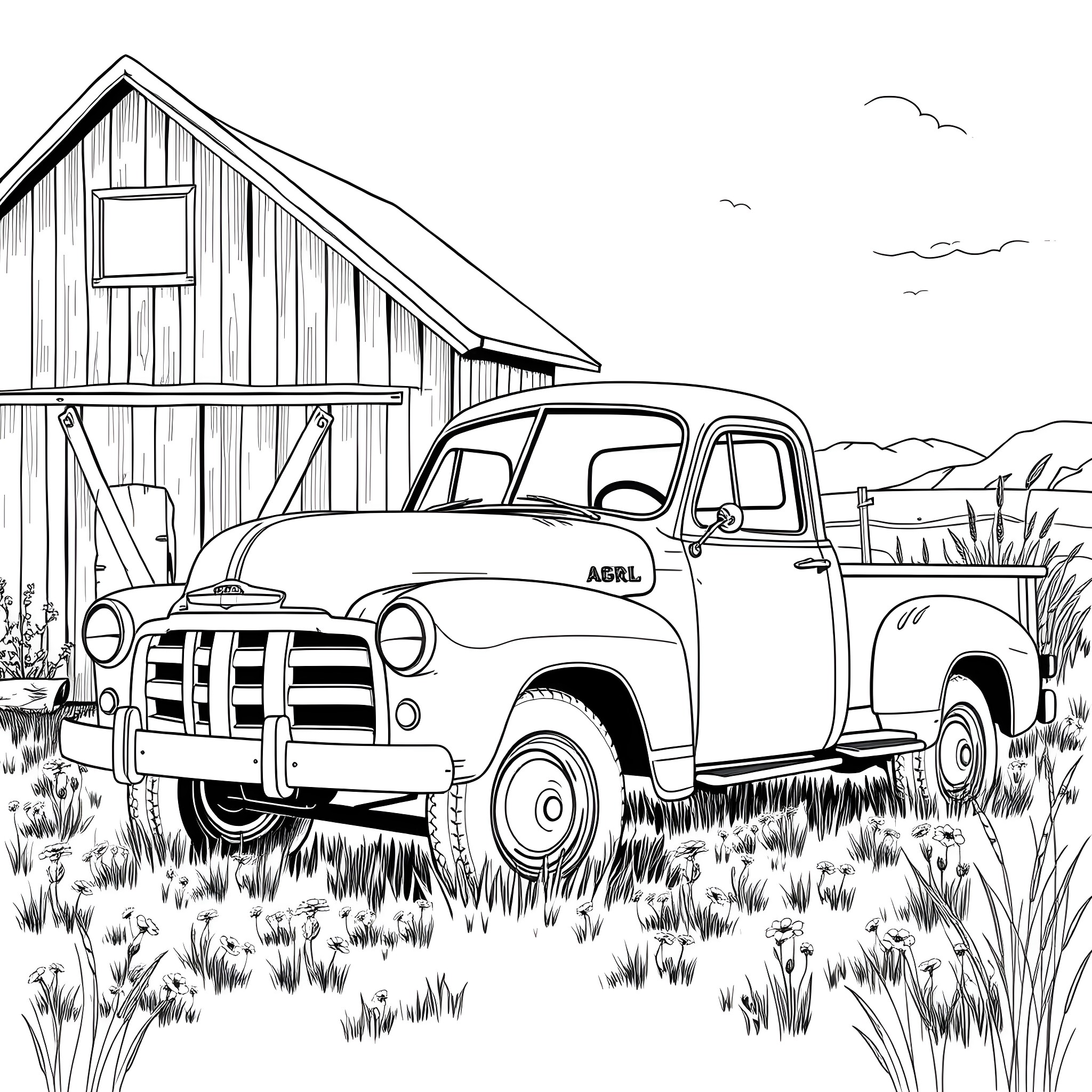Truck parked in a rural countryside landscape Coloring Page (free black-and-white line drawing printable PDF for all, from beginners to advanced learners, including children, teens, adults, and seniors)