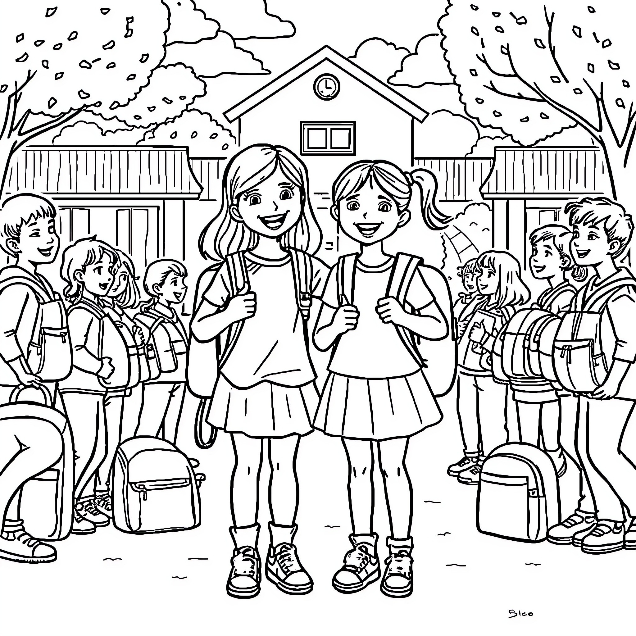 Grace and Maggie's Joyful School Adventure Coloring Page (free black-and-white line drawing printable PDF for all, from beginners to advanced learners, including children, teens, adults, and seniors)