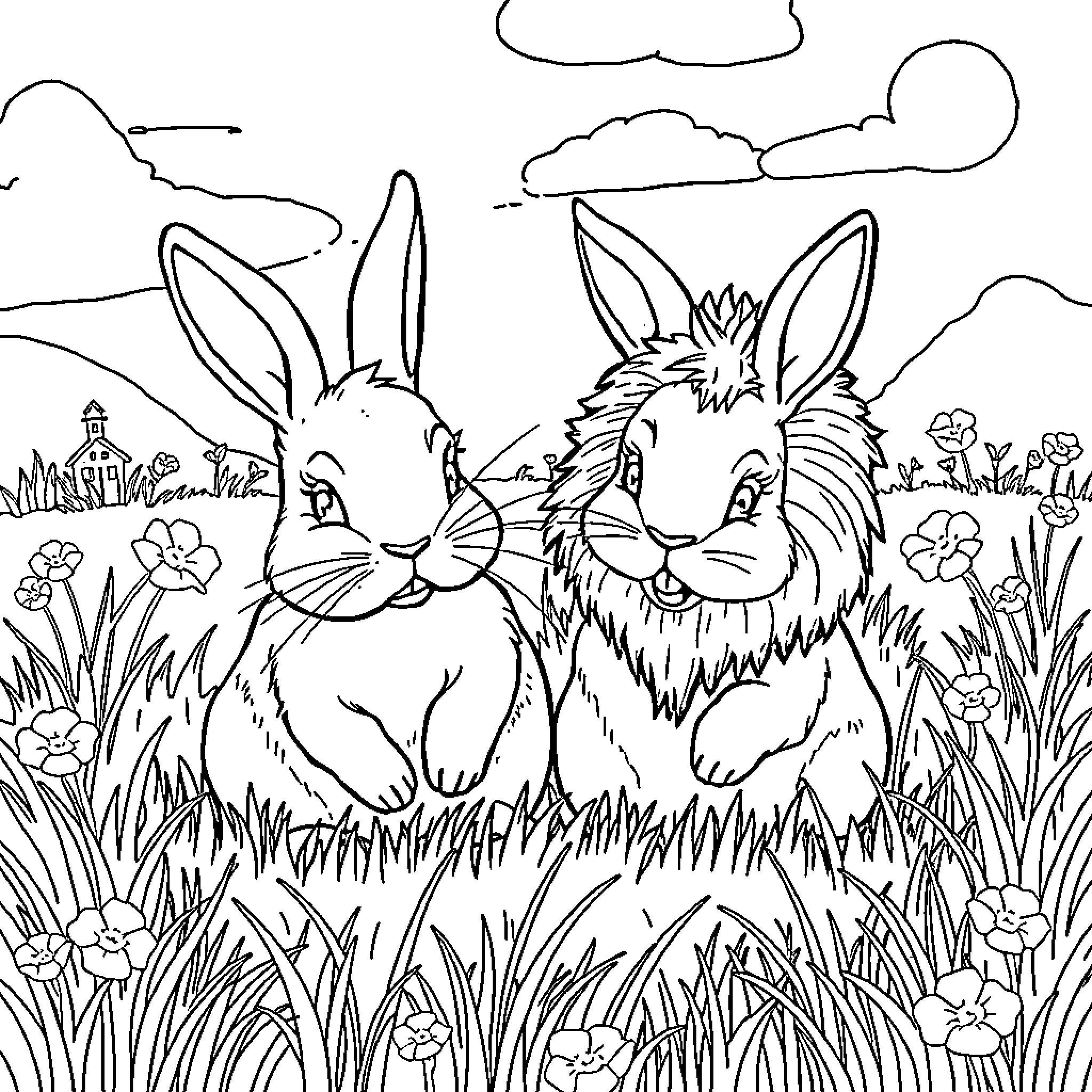 Rabbits enjoying a sunny day in nature Coloring Page (free black-and-white line drawing printable PDF for all, from beginners to advanced learners, including children, teens, adults, and seniors)