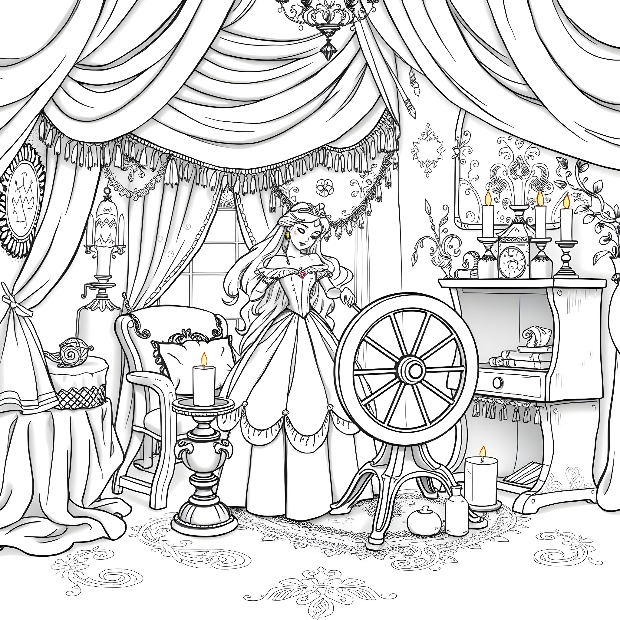 Sleeping Beauty's Enchanted Slumber in a Whimsical Scene Coloring Page (free black-and-white line drawing printable PDF for all, from beginners to advanced learners, including children, teens, adults, and seniors)