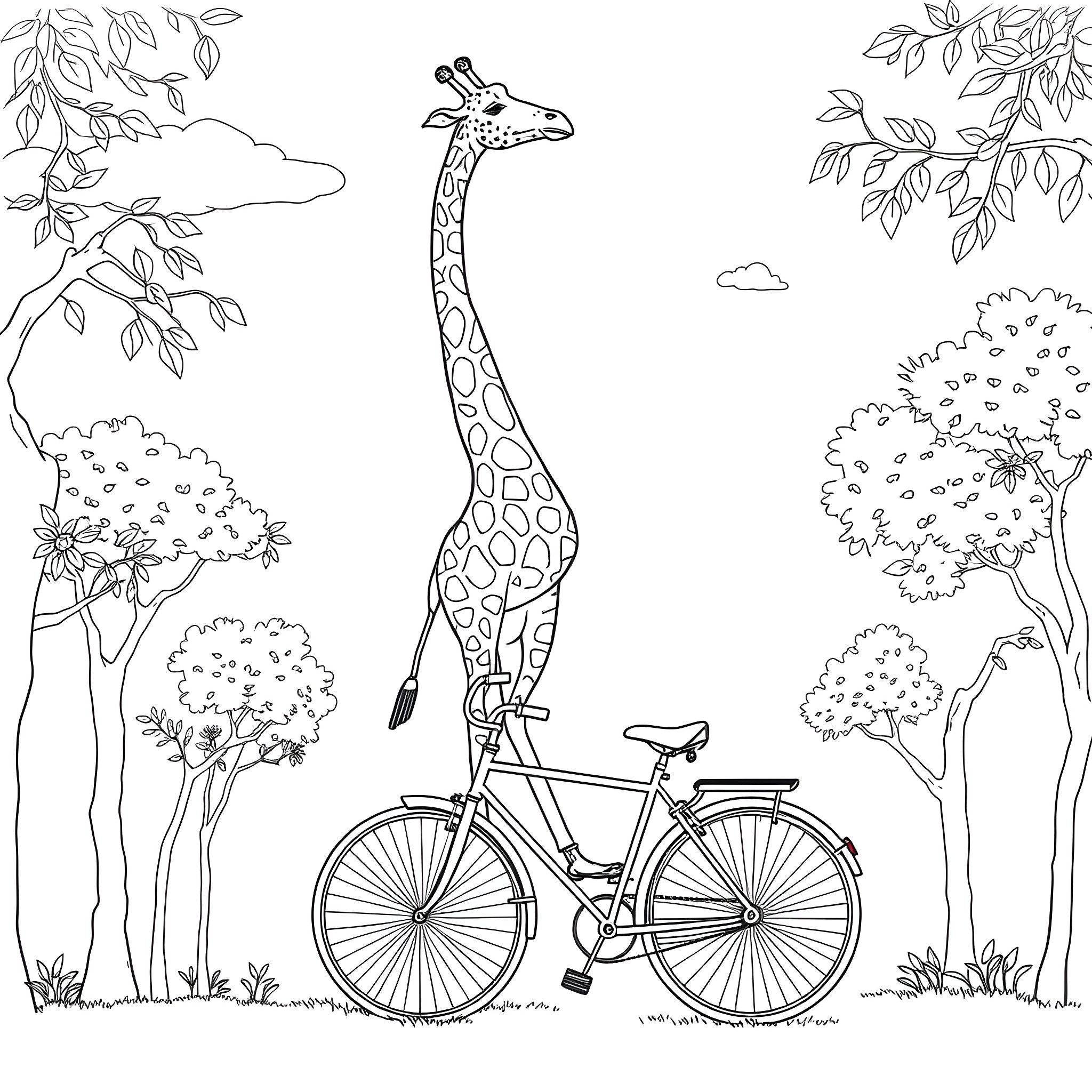 Giraffe riding a bicycle in the park Coloring Page (free black-and-white line drawing printable PDF for all, from beginners to advanced learners, including children, teens, adults, and seniors)