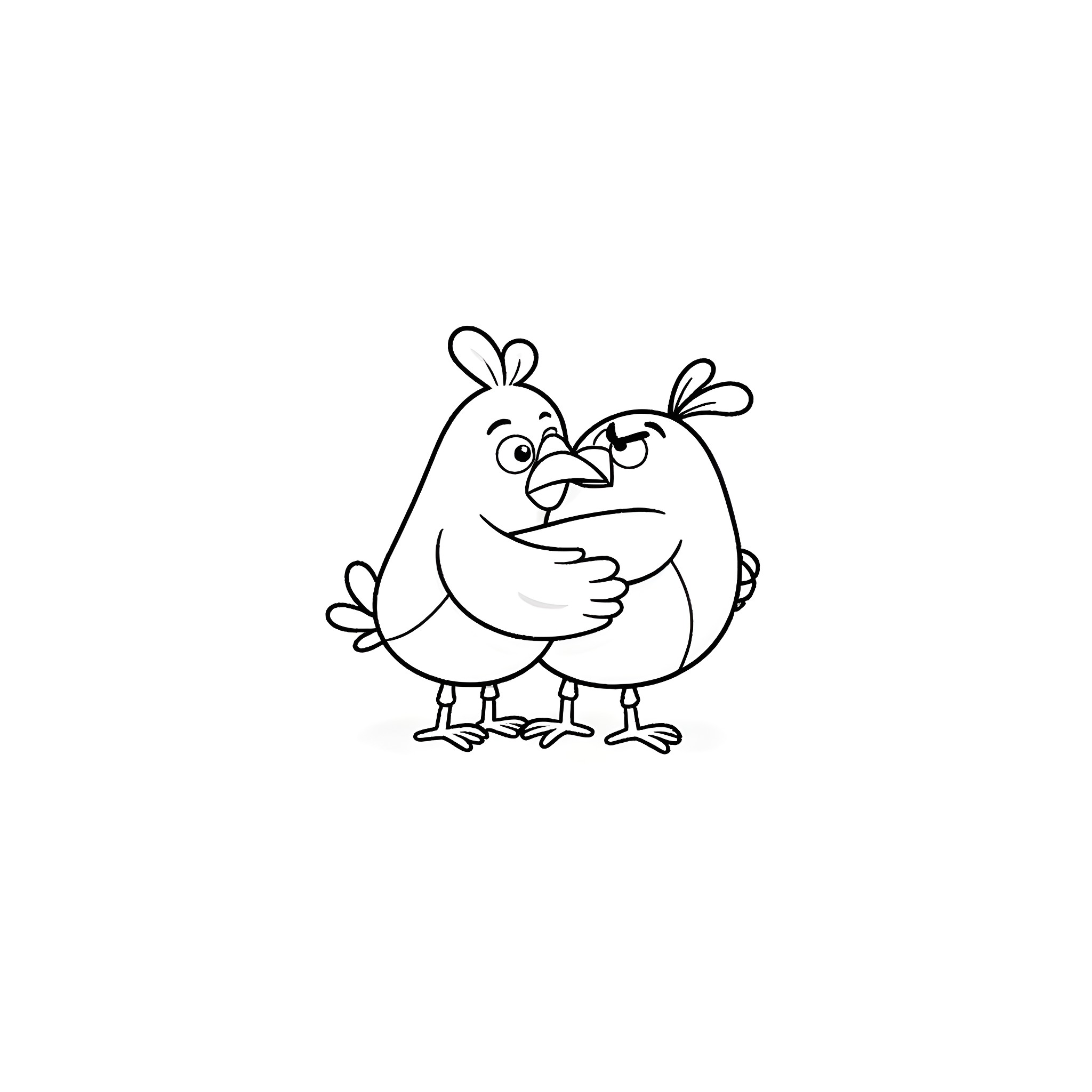 Bird friends hugging in joy Coloring Page (free black-and-white line drawing printable PDF for all, from beginners to advanced learners, including children, teens, adults, and seniors)