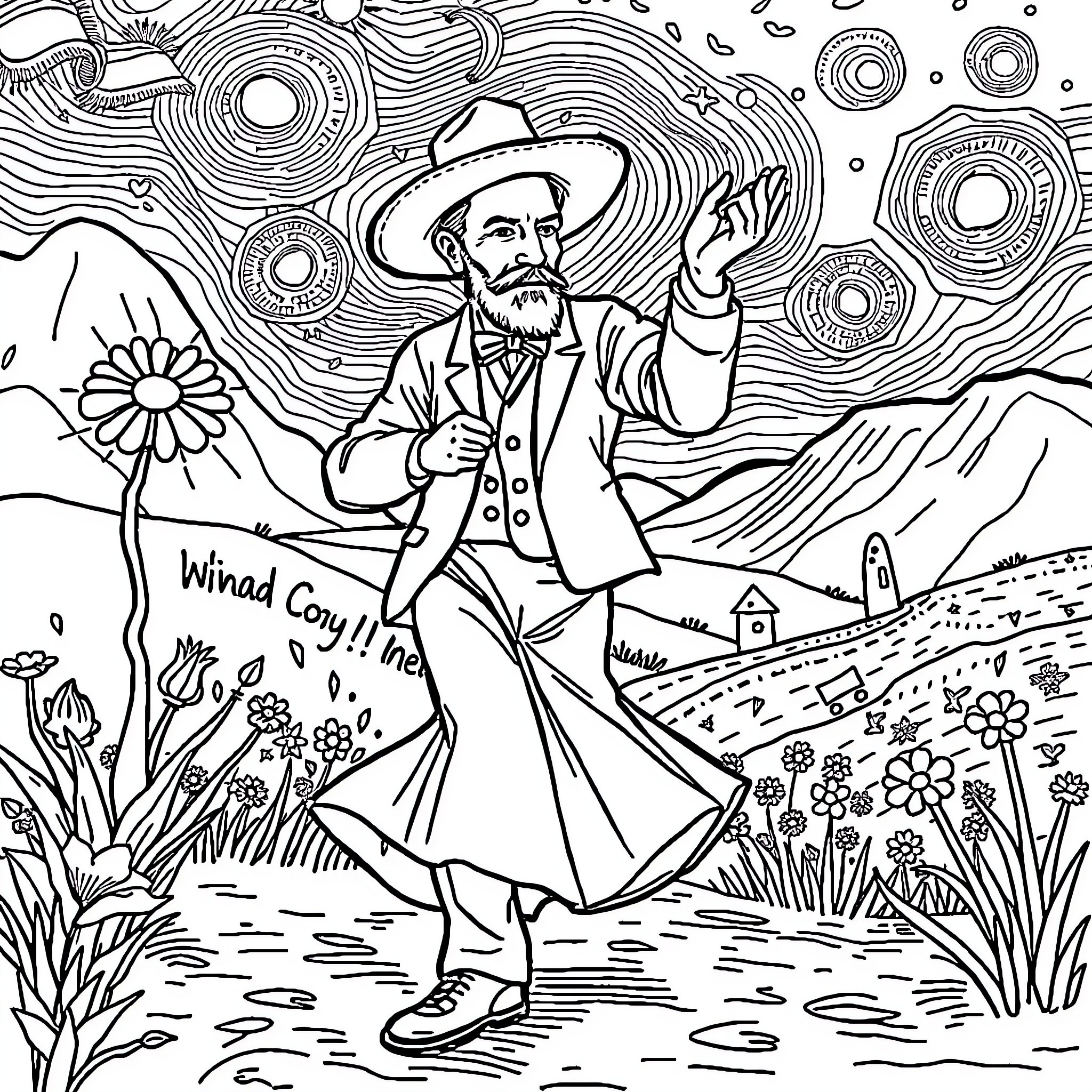Van Gogh's Whimsical Self-Portrait in Nature Coloring Page (free black-and-white line drawing printable PDF for all, from beginners to advanced learners, including children, teens, adults, and seniors)