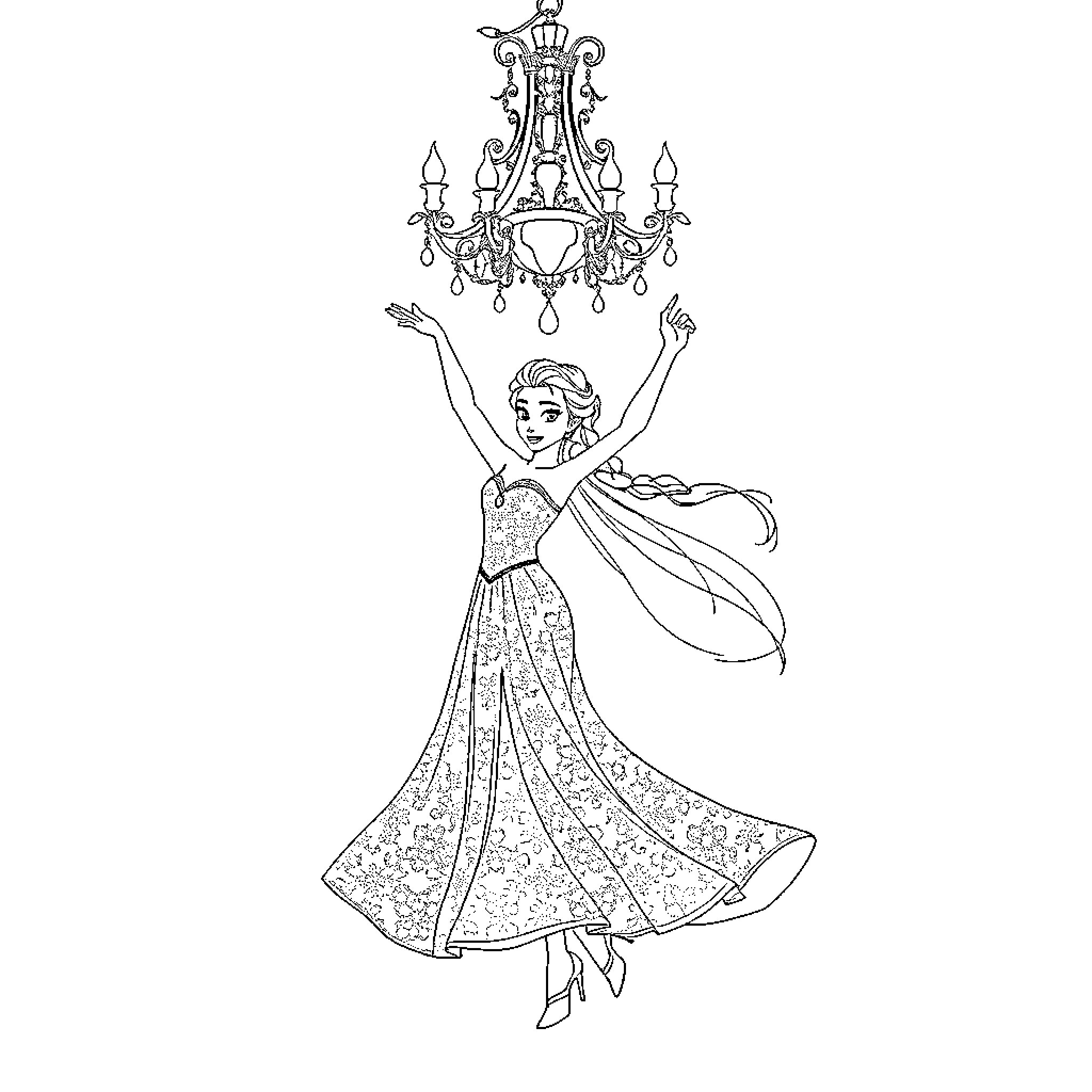 Elsa dancing joyfully beneath a chandelier Coloring Page (free black-and-white line drawing printable PDF for all, from beginners to advanced learners, including children, teens, adults, and seniors)
