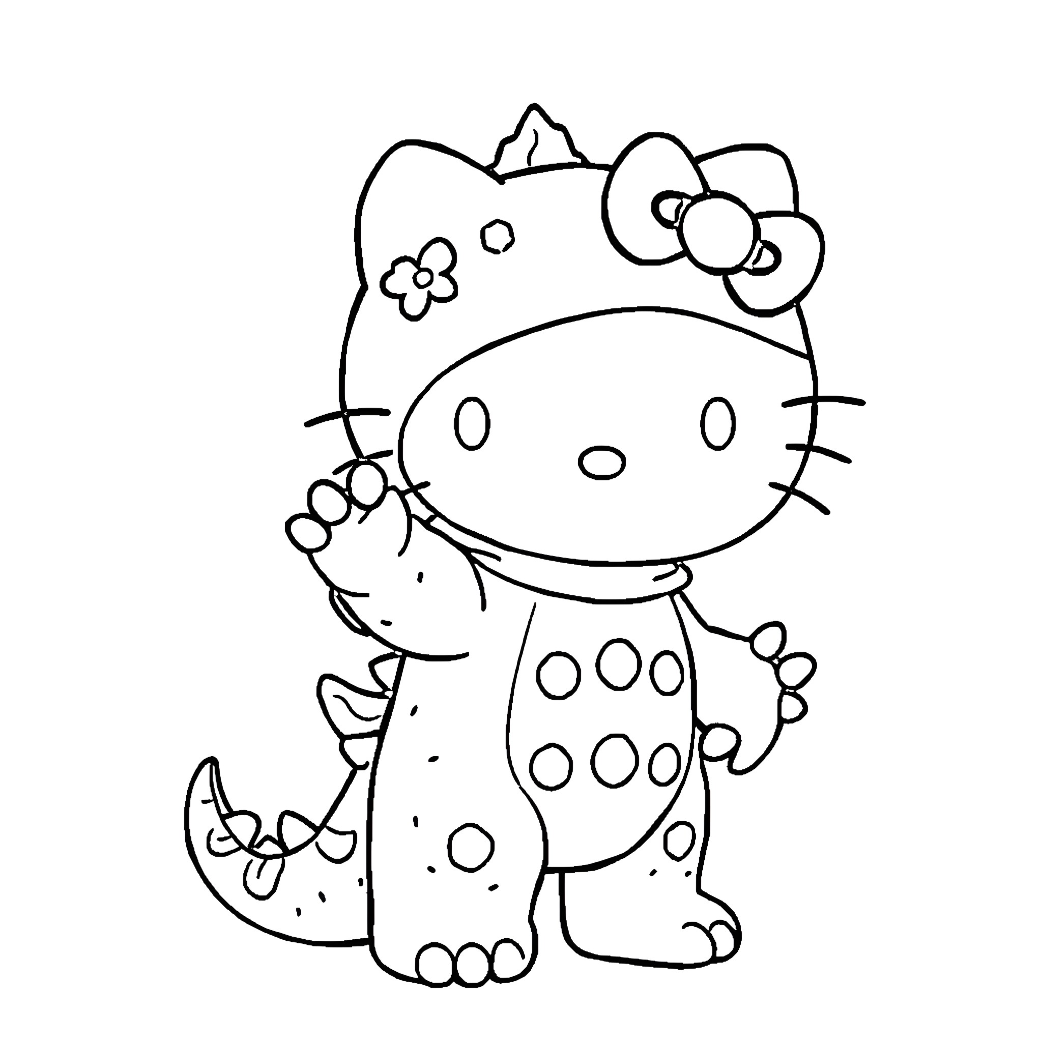 Hello Kitty playing with a puppy Coloring Page (free black-and-white line drawing printable PDF for all, from beginners to advanced learners, including children, teens, adults, and seniors)