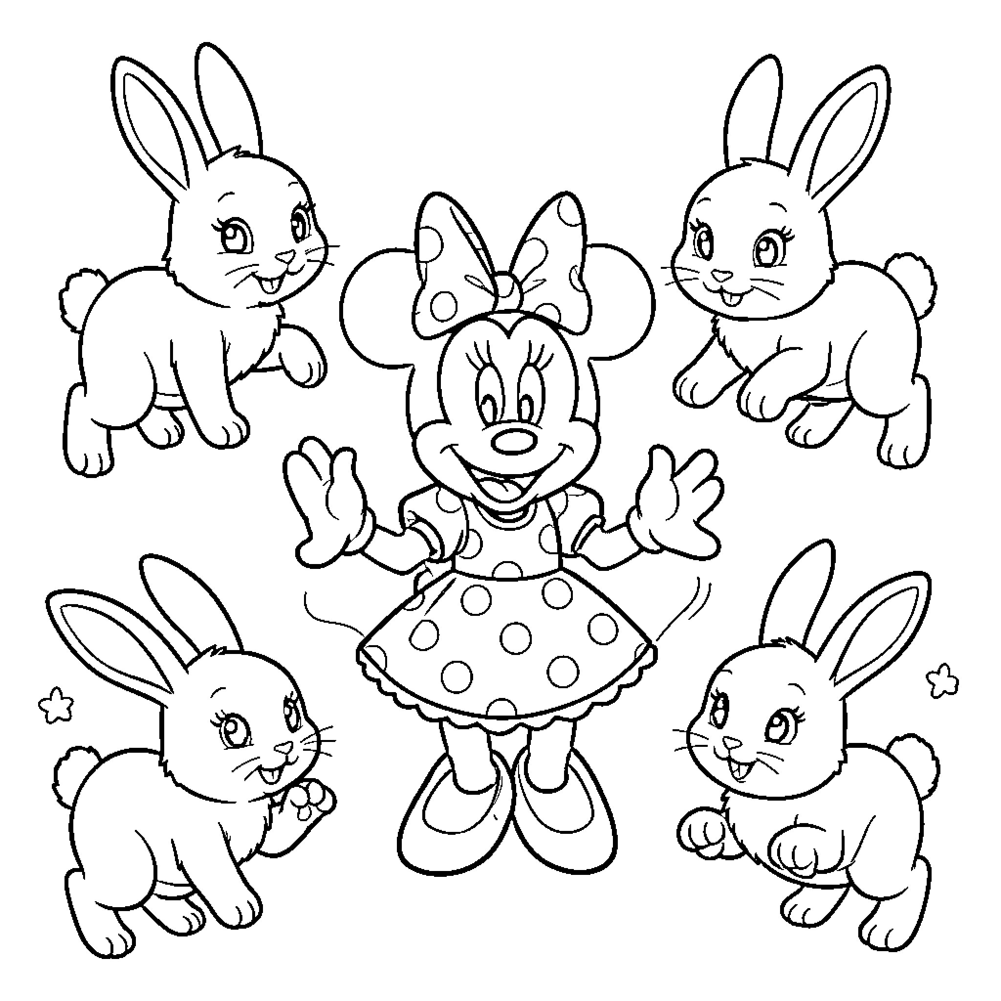 Rabbit characters in a playful scene Coloring Page (free black-and-white line drawing printable PDF for all, from beginners to advanced learners, including children, teens, adults, and seniors)
