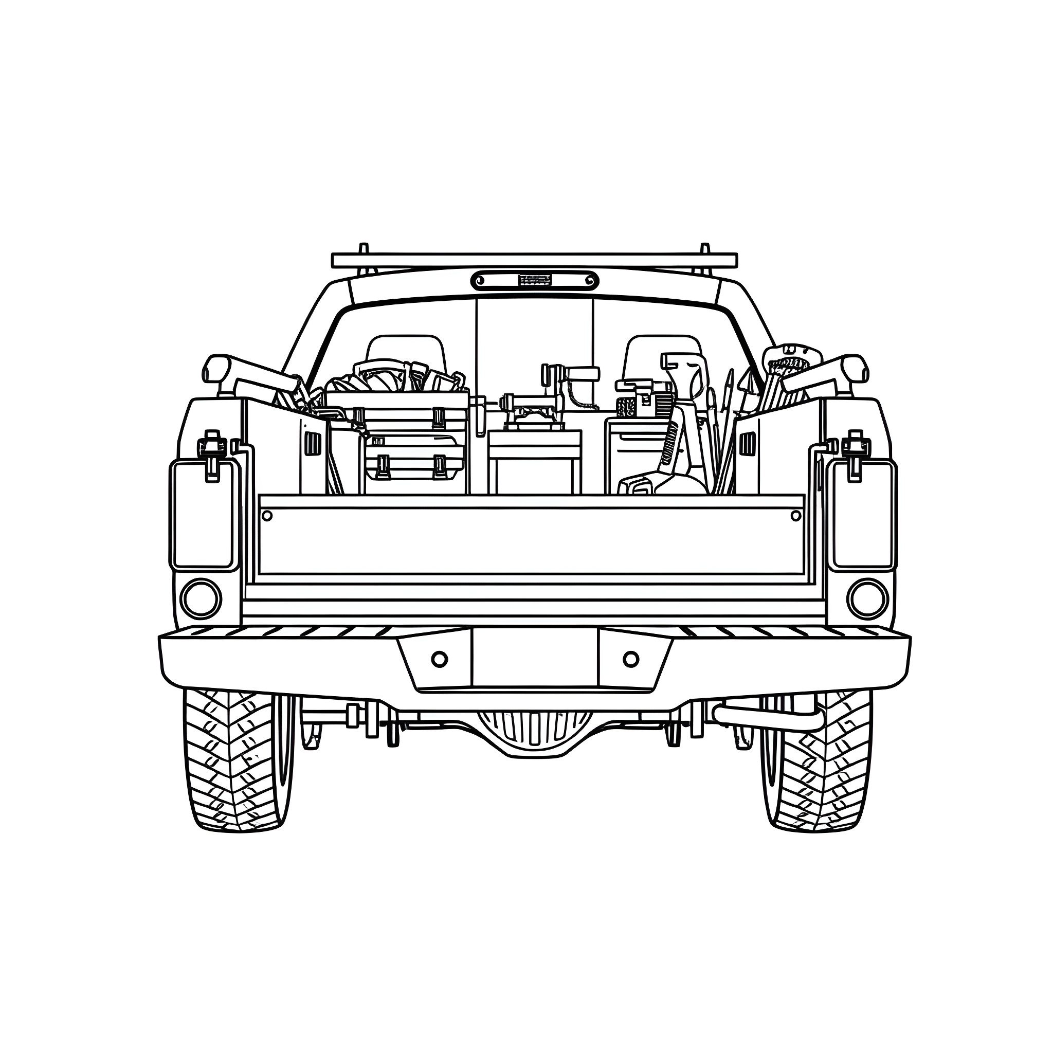 Pickup loaded with tools and equipment Coloring Page (free black-and-white line drawing printable PDF for all, from beginners to advanced learners, including children, teens, adults, and seniors)