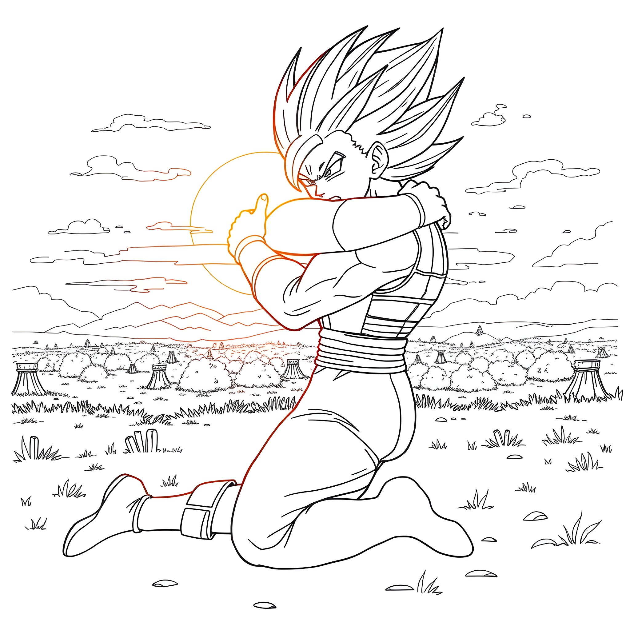 Vegeta unleashing powerful energy blast in the wilderness Coloring Page (free black-and-white line drawing printable PDF for all, from beginners to advanced learners, including children, teens, adults, and seniors)