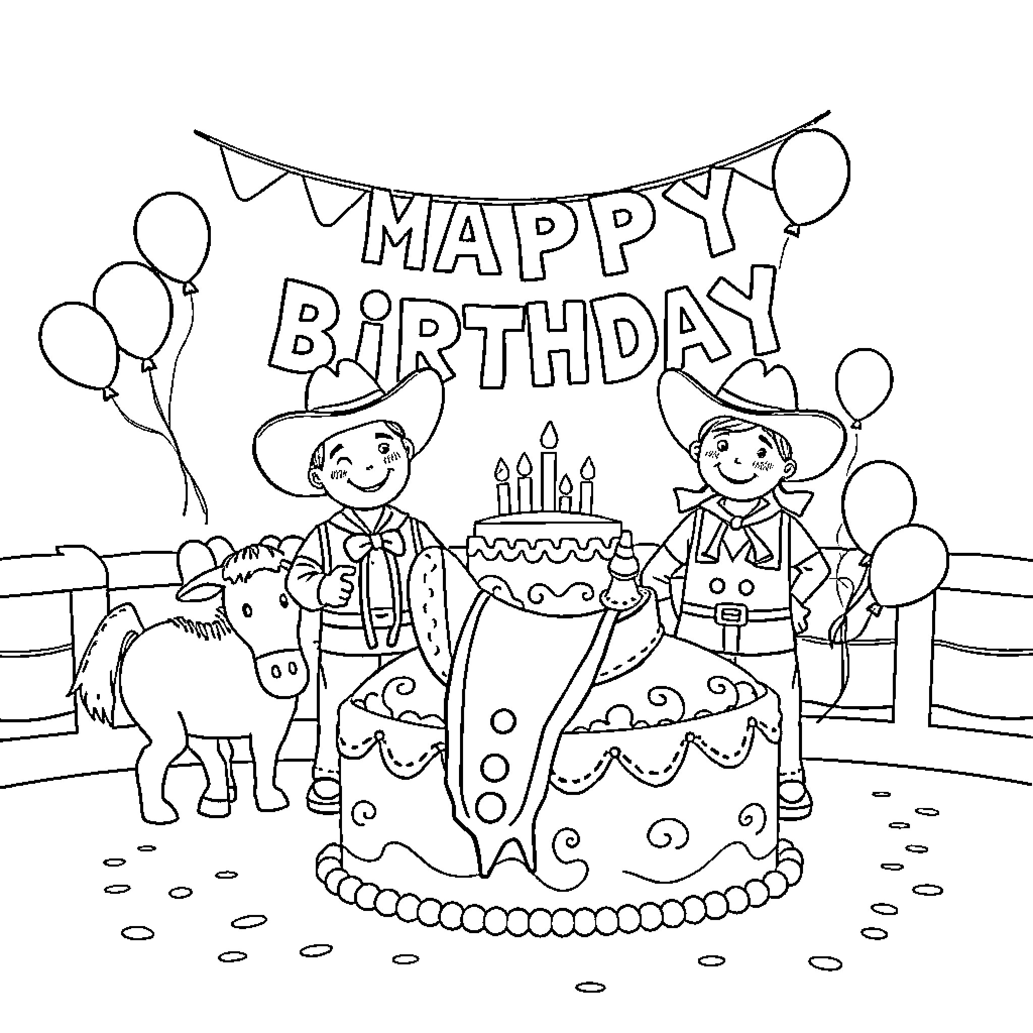 Rodeo-themed Birthday Celebration with Cake and Balloons Coloring Page (free black-and-white line drawing printable PDF for all, from beginners to advanced learners, including children, teens, adults, and seniors)