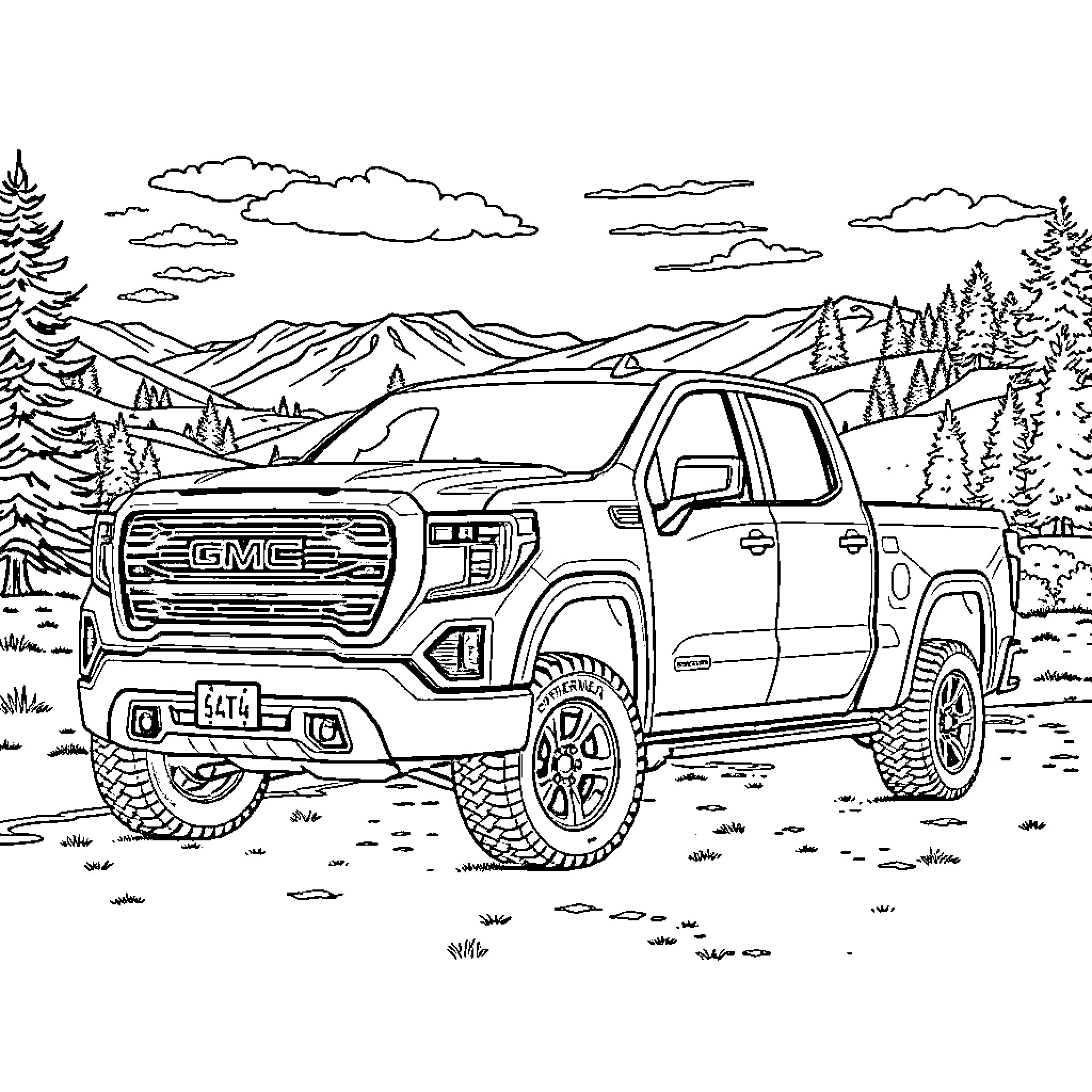GMC Sierra truck in the mountainous wilderness Coloring Page (free black-and-white line drawing printable PDF for all, from beginners to advanced learners, including children, teens, adults, and seniors)